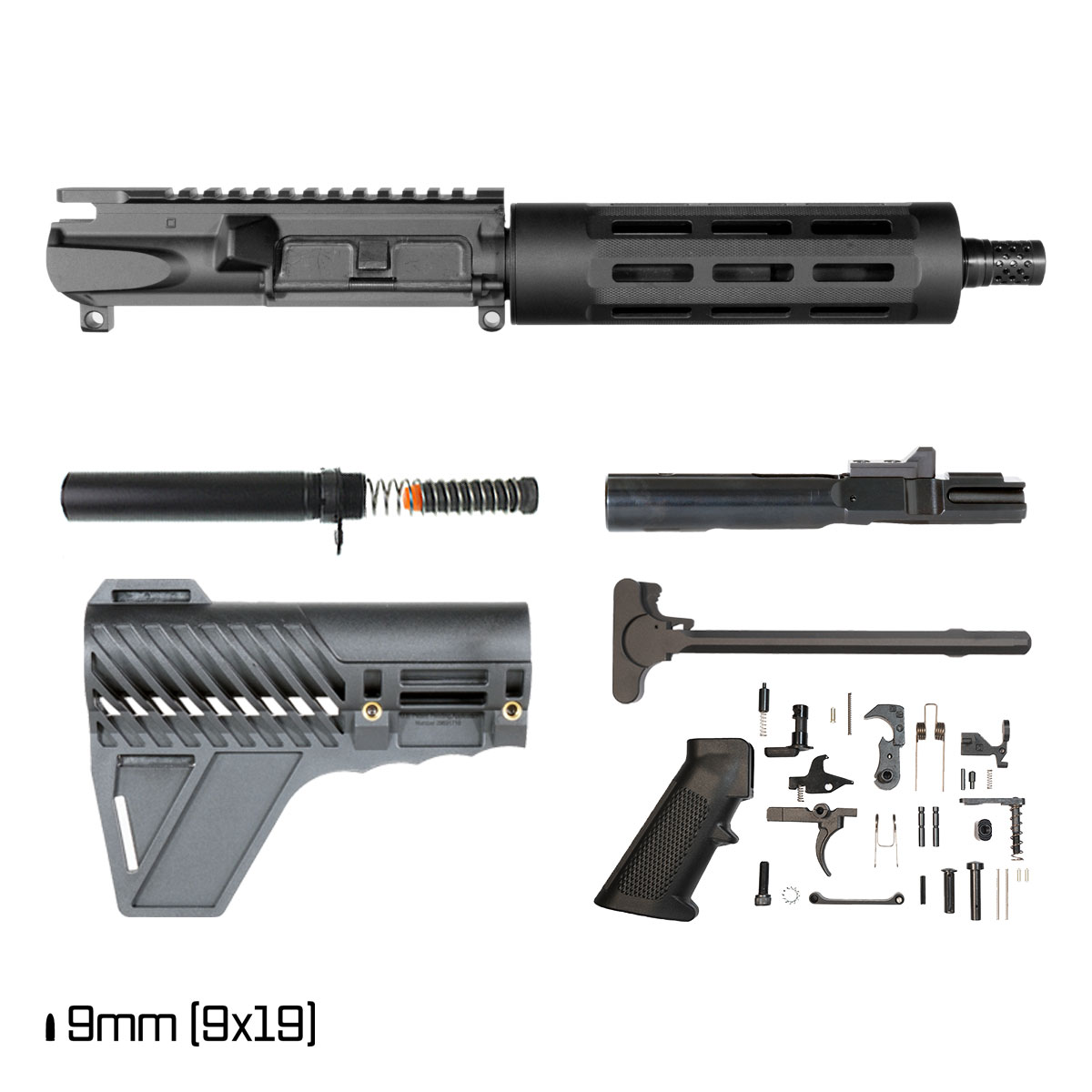 Davidson Defense Bladewake w/Gauntlet Arms Brace 7.5-inch 1:10 9MM AR-9 Freefloat Tubular M-Lok Handguard Pistol Full Build Kit, Plan B Radial Brake