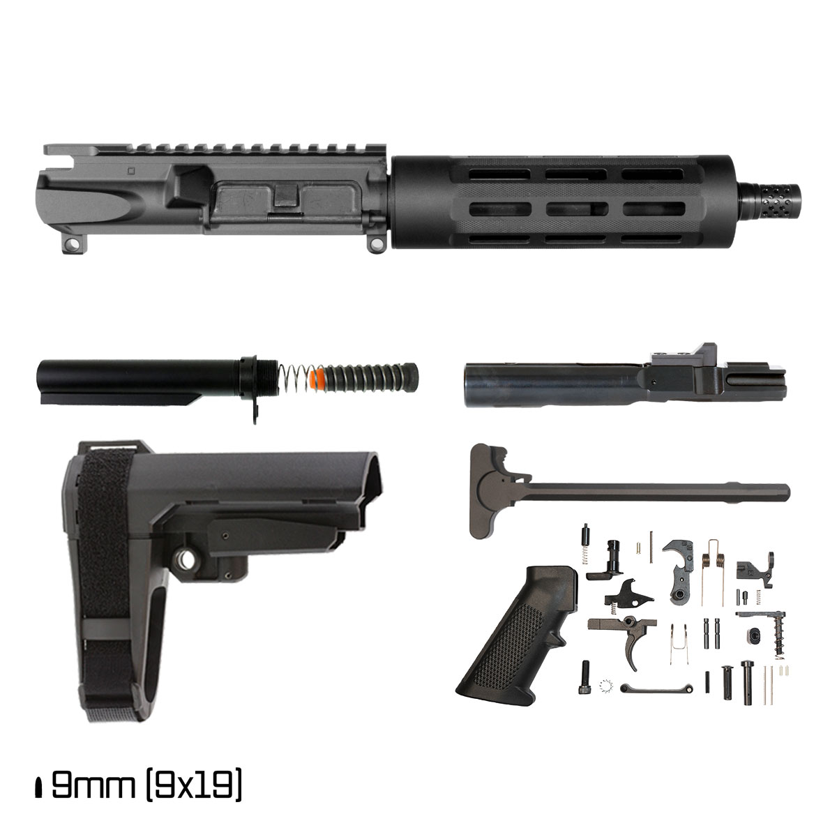 Davidson Defense Bladewake w/SBA3 Brace 7.5-inch 1:10 9MM AR-9 Freefloat Tubular M-Lok Handguard Pistol Full Build Kit, Plan B Radial Brake