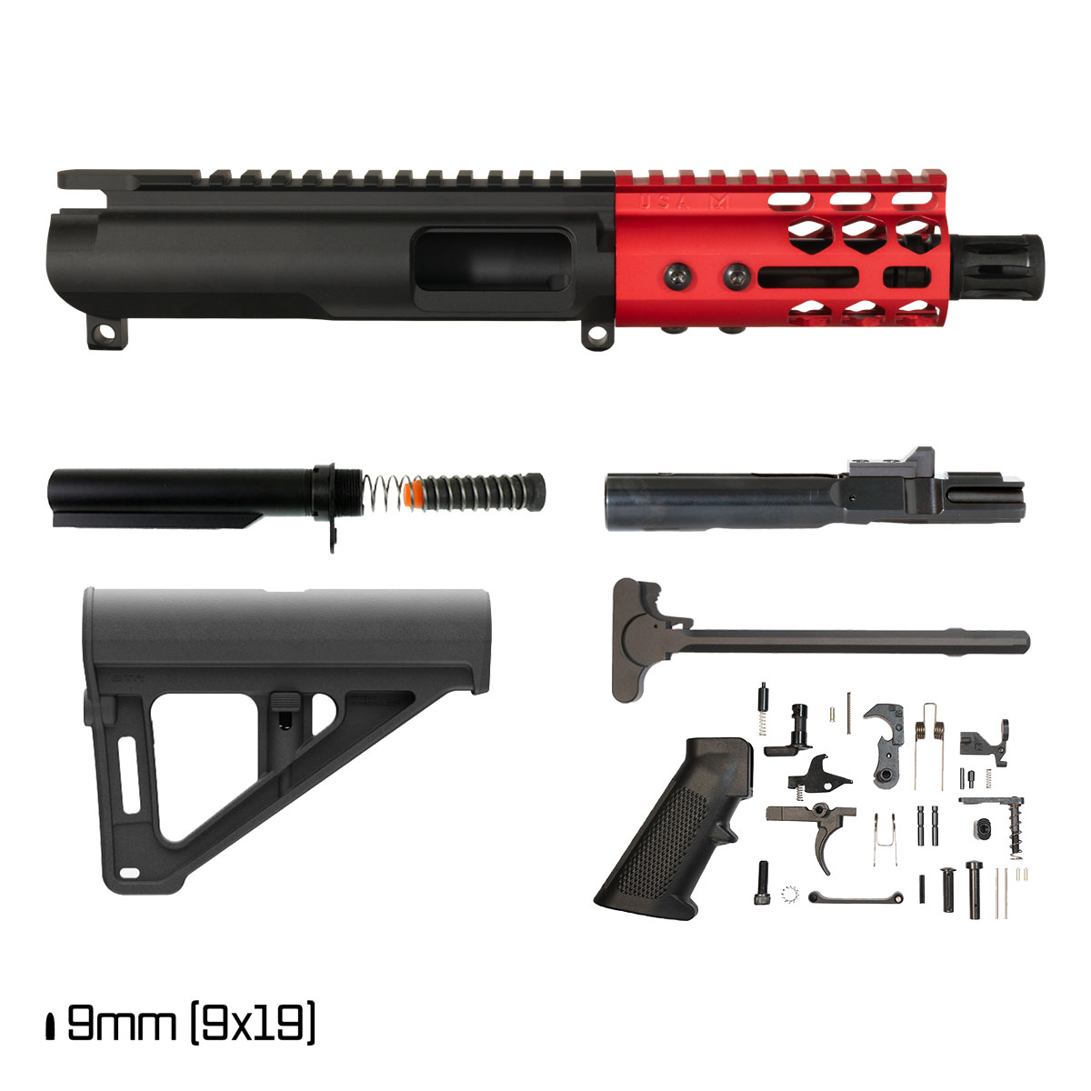Davidson Defense Lightshow Red w/Magpul BTR Brace 4.5-inch 1:10 9MM AR-15 M-Lok  Pistol Full Build Kit
