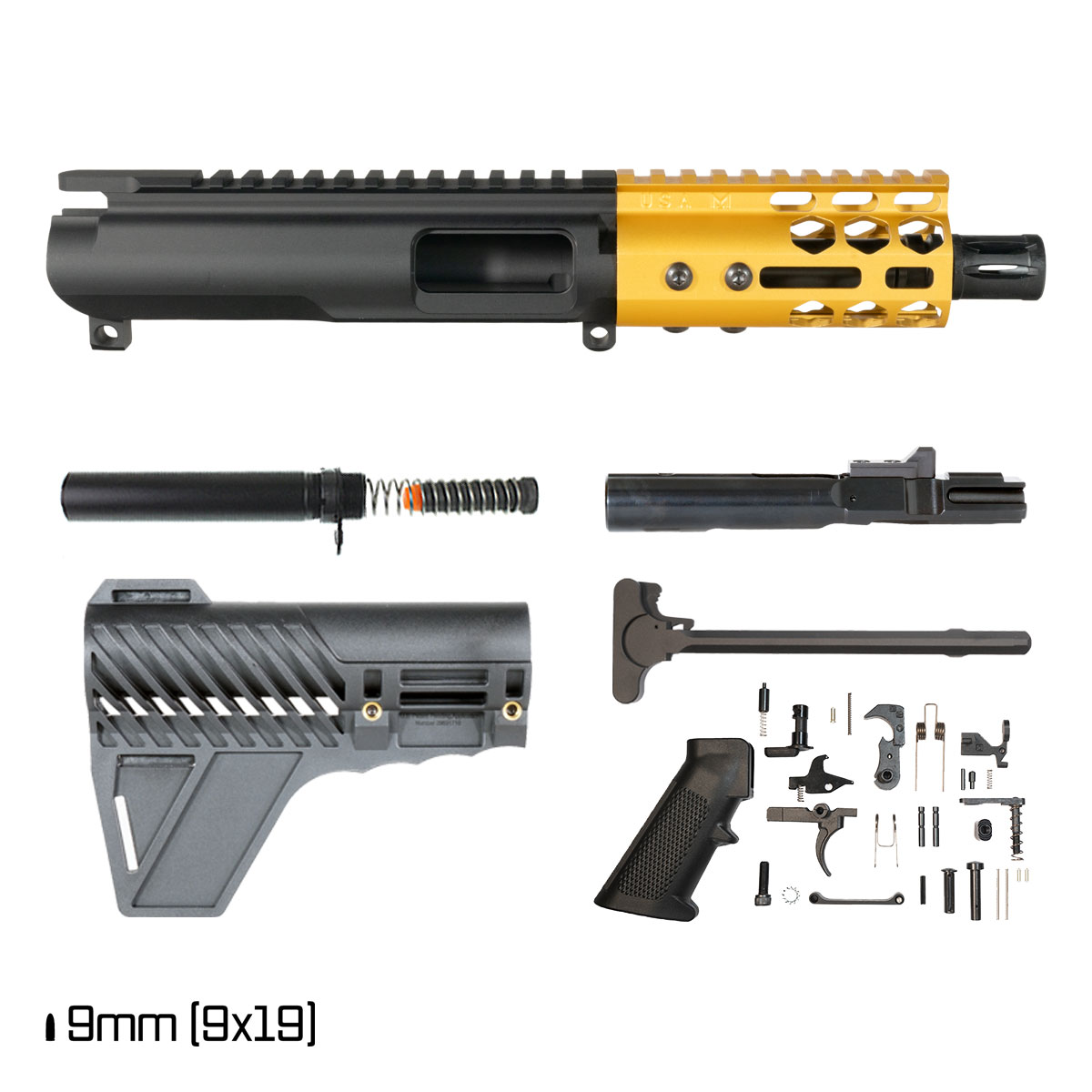 Davidson Defense Lightshow Gold w/Gauntlet Arms Brace 4.5-inch 1:10 9MM AR-9 Freefloat M-Lok Handguard Pistol Full Build Kit