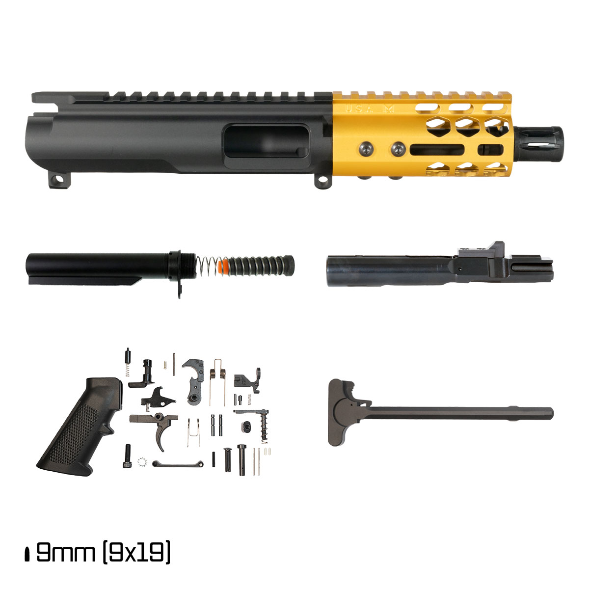 Davidson Defense Lightshow Gold 4.5-inch 1:10 9MM AR-9 Freefloat M-Lok Handguard Pistol Full Build Kit, SBR Ready