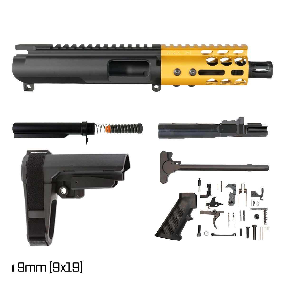 Davidson Defense Lightshow Gold w/SBA3 Brace 4.5-inch 1:10 9MM AR-9 Freefloat M-Lok Handguard Pistol Full Build Kit