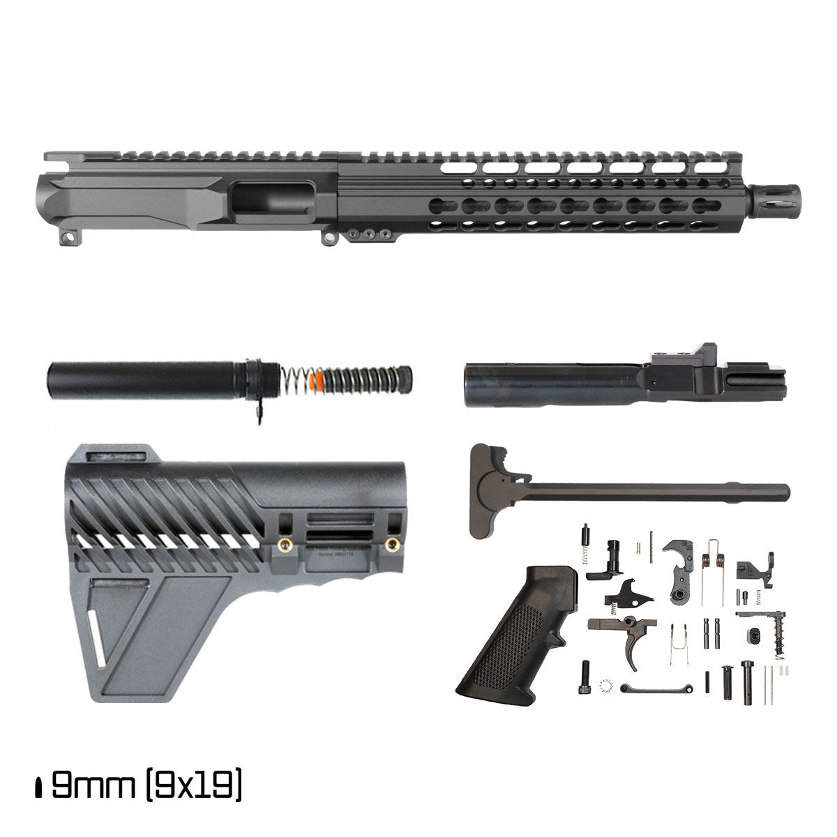 Davidson Defense Xiphos w/Gauntlet Arms Brace 10.5-inch 1:10 9MM AR-9 Freefloat KeyMod Handguard Pistol Full Build Kit