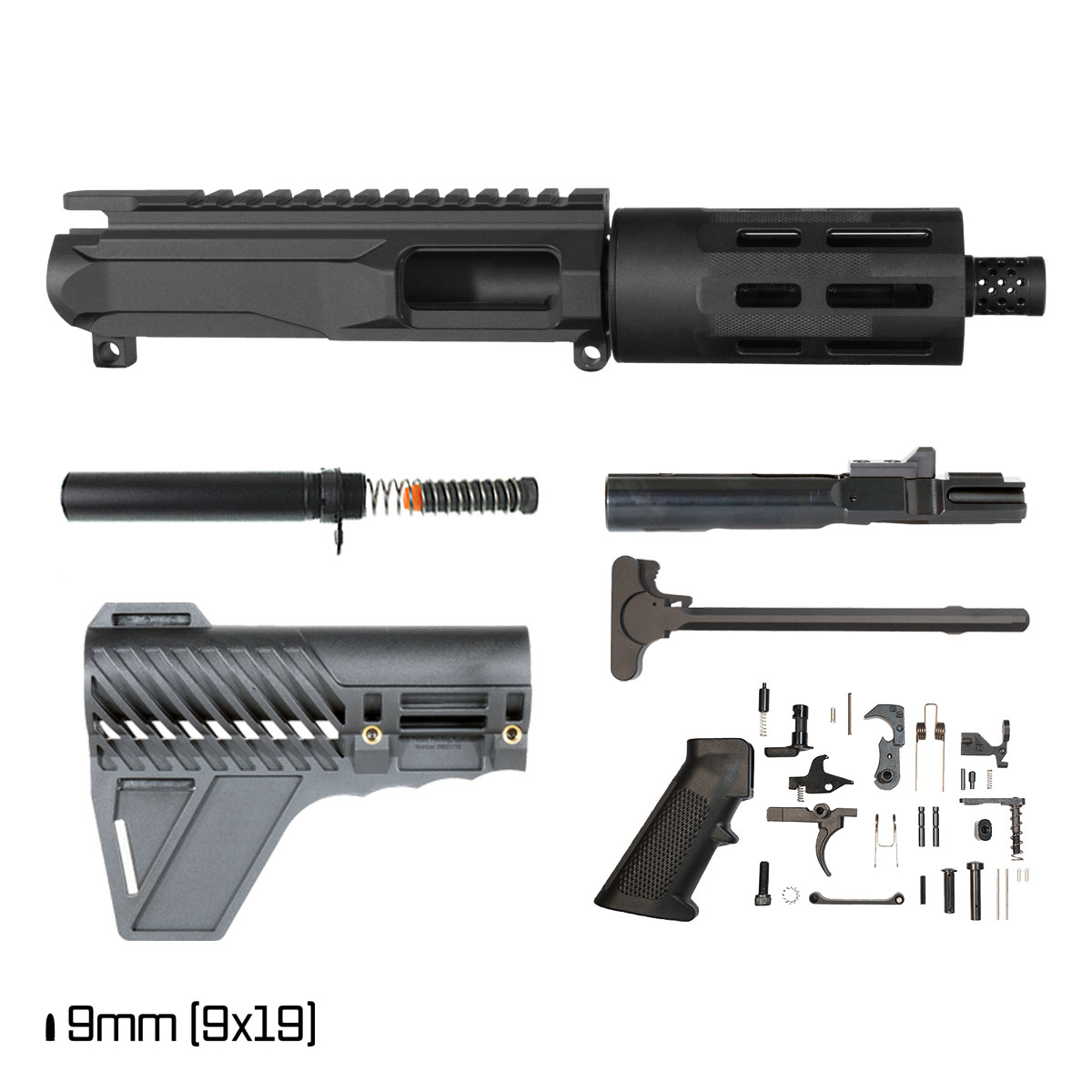 Davidson Defense Short Fuse w/Gauntlet Arms Brace 4.5-inch 1:10 9MM AR-9 M-Lok Pistol Full Build Kit, Plan B Radial Brake