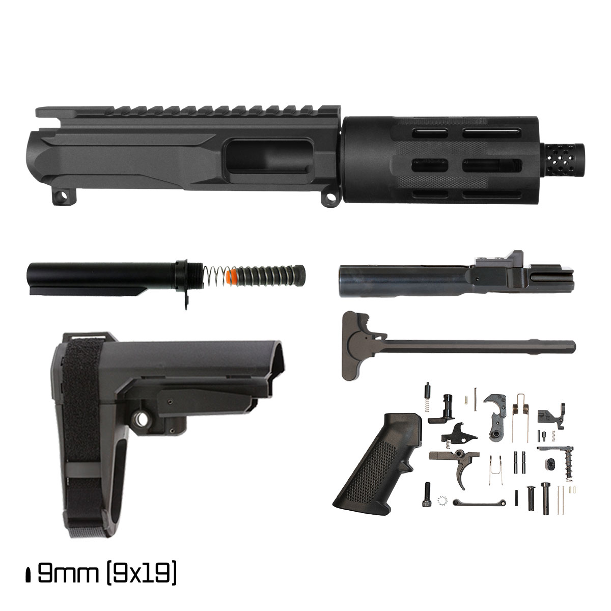 Davidson Defense Short Fuse w/SBA3 Brace 4.5-inch 1:10 9MM AR-9 M-Lok Pistol Full Build Kit, Plan B Radial Brake