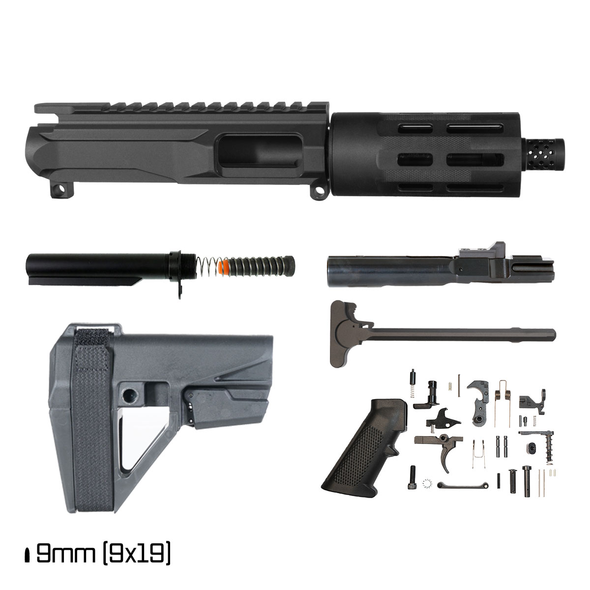 Davidson Defense Short Fuse w/SBA5 Brace 4.5-inch 1:10 9MM AR-9 M-Lok Pistol Full Build Kit, Plan B Radial Brake