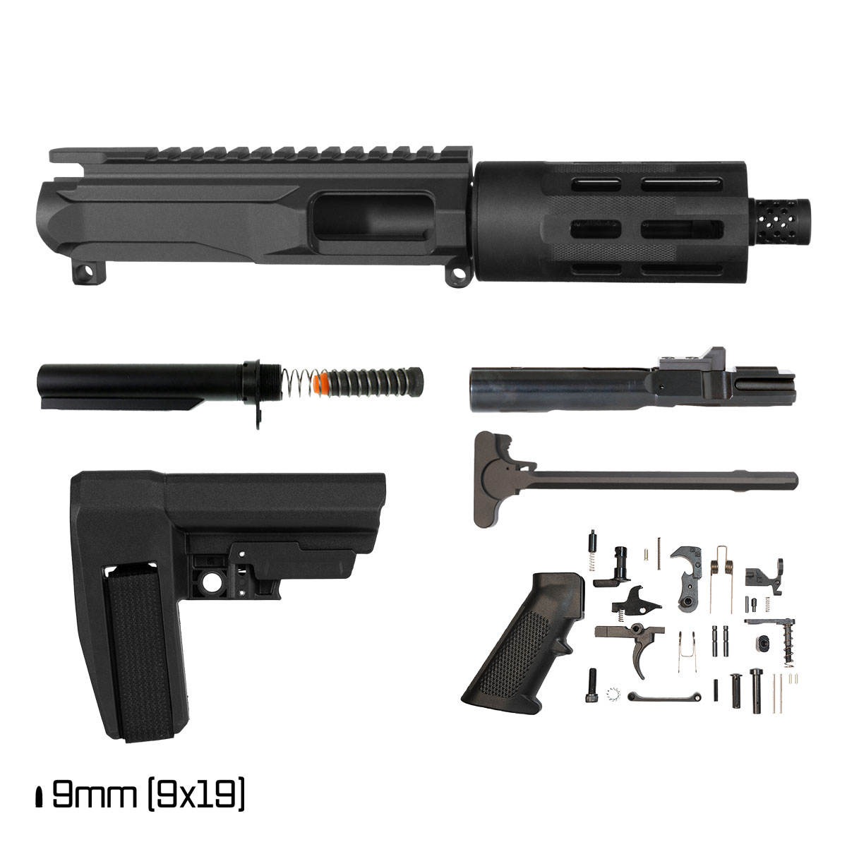 Davidson Defense Short Fuse w/SBA6 Brace 4.5-inch 1:10 9MM AR-9 M-Lok Pistol Full Build Kit, Plan B Radial Brake