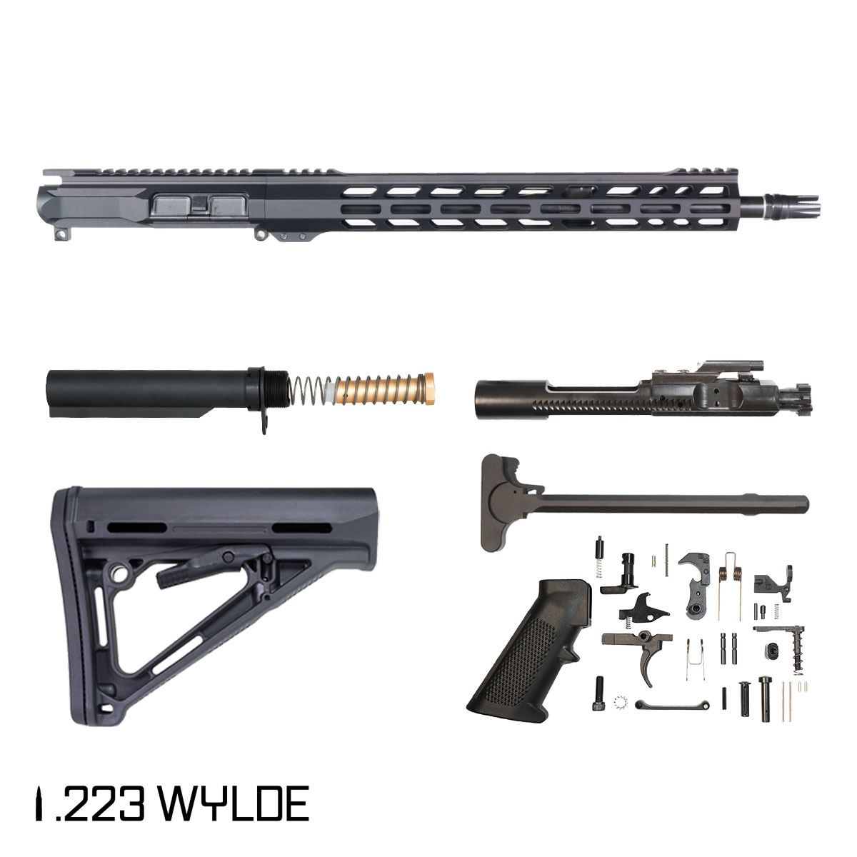 Davidson Defense Ronin Competition 16.5-inch Mid-Gas 1:7 .223 Wylde AR-15 Freefloat M-Lok Handguard Rifle Full Build Kit, Plan B Scorch 3-Prong Flash Hider