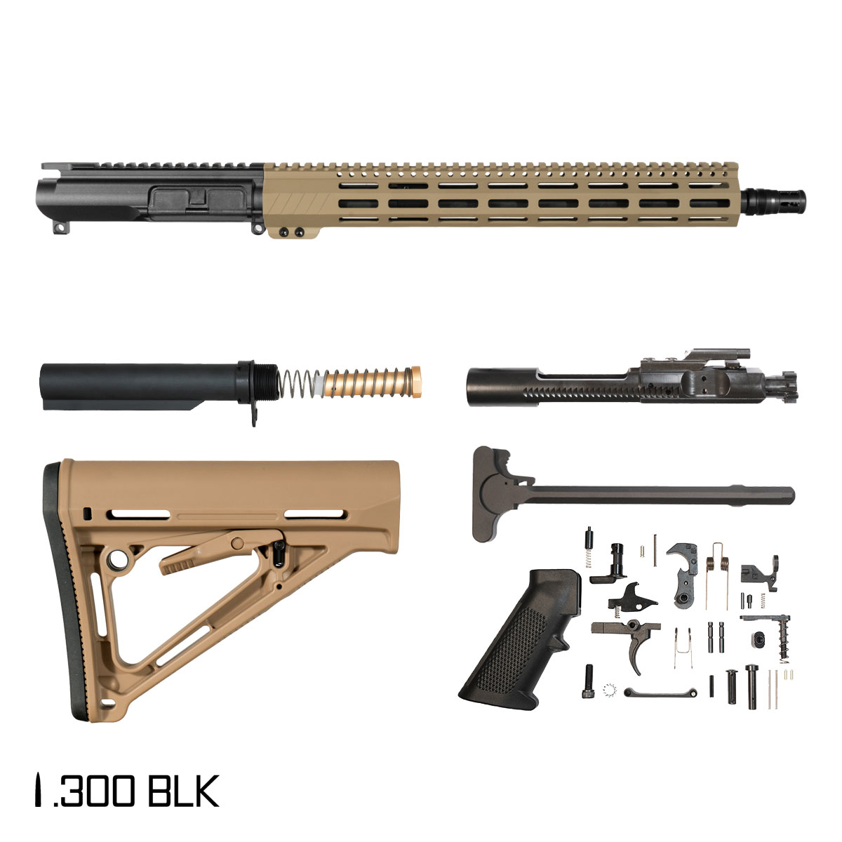 Davidson Defense Desert Storm 16-inch Pistol-Gas 1:8 .300 BLK AR-15 M-Lok Rifle Full Build Kit, Plan B Bartizan Muzzle Brake