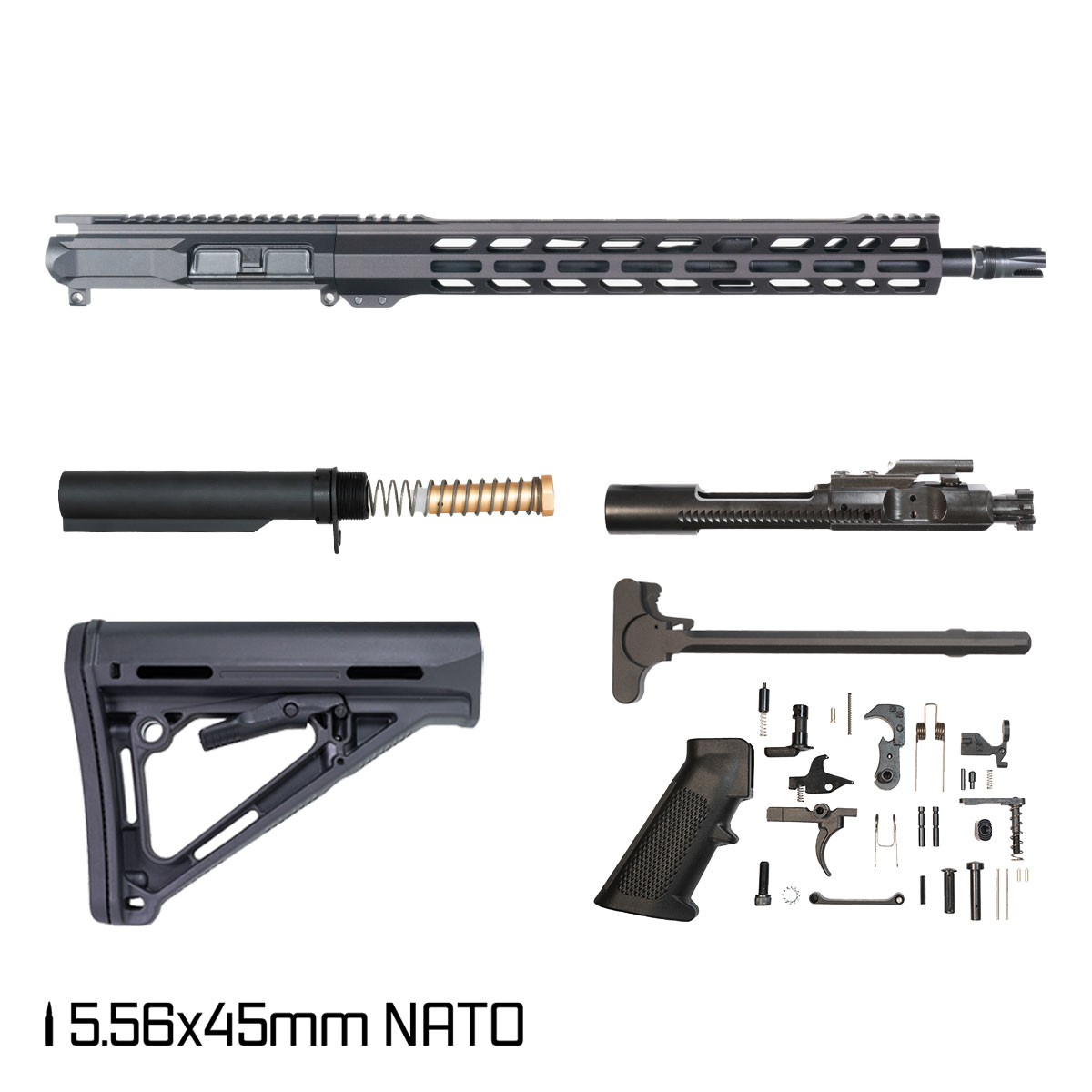 Davidson Defense Ronin Competition 16.5-inch Mid-Gas 1:7 5.56 NATO AR-15 Freefloat M-Lok Handguard Rifle Full Build Kit, Plan B Scorch 3-Prong Flash Hider