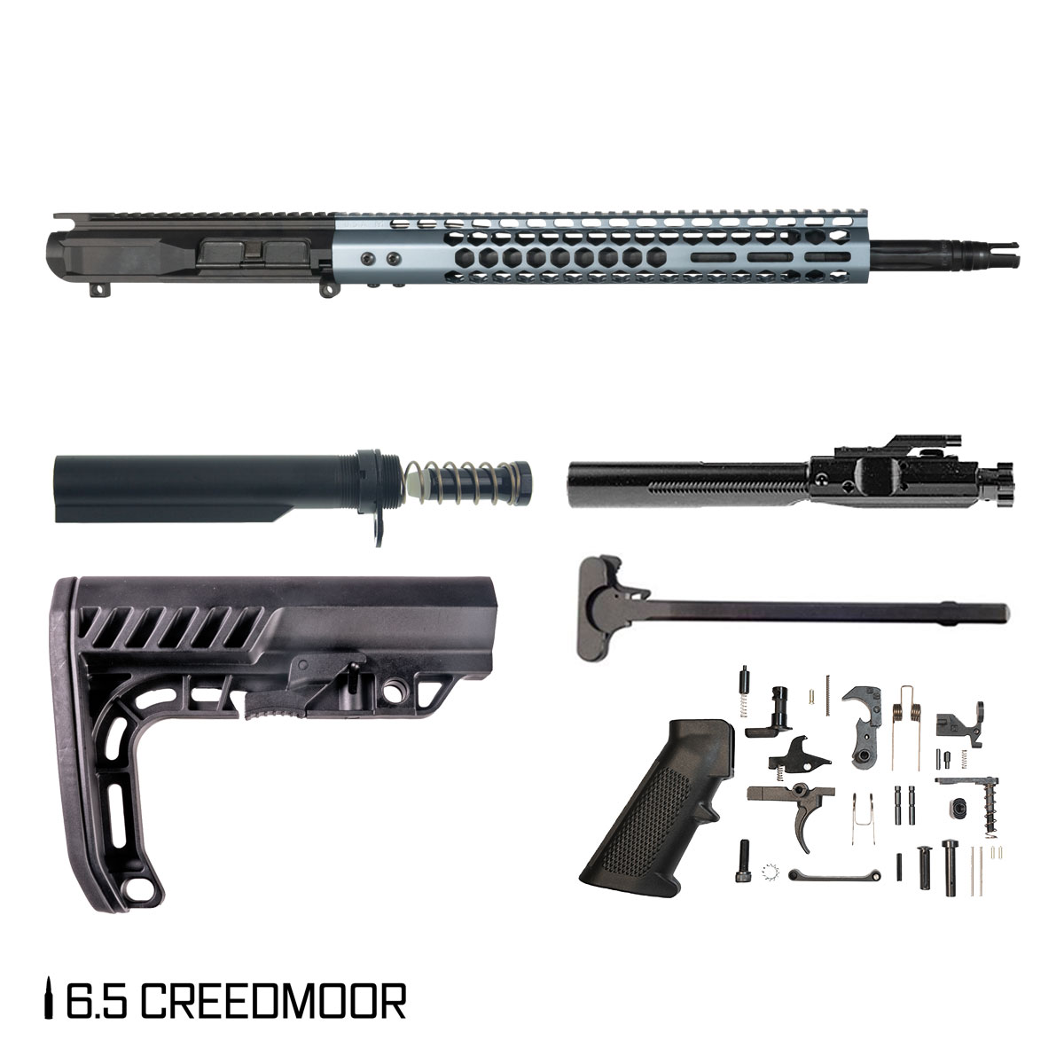 Davidson Defense Silver Claw 18-inch Rifle-Gas 1:8 6.5 Creedmoor AR-10 M-Lok Rifle Full Build Kit, Plan B Trident Flash Hider