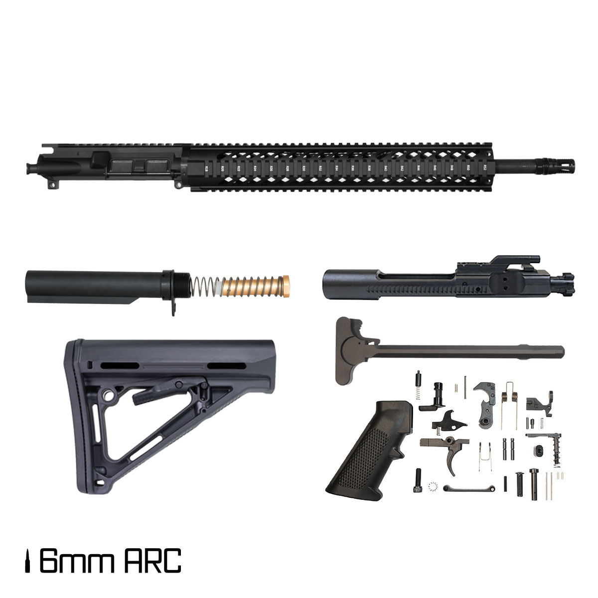Davidson Defense LAZR 18-inch Mid-Gas 1:7.5 6MM ARC AR-15 Freefloat Quad-Rail Handguard Rifle Full Build Kit, KAK Industry Plan B A7 Flash Hider