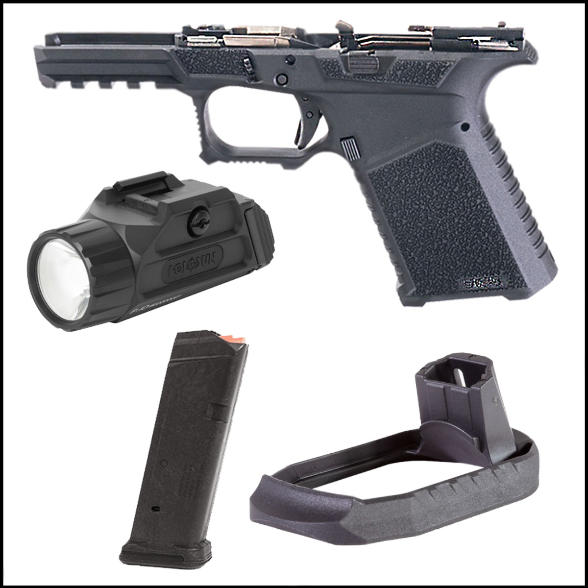Light The Way Combo: SCT Manufacturing Full Frame Assembly - Black  + SCT Manufacturing Magwell for SCT19 Frame + Magpul PMAG 15 GL9,  G19 Compatible 15 Round Capacity, Black  + Holosun H-SUN P.ID Light 1000 Lumens,