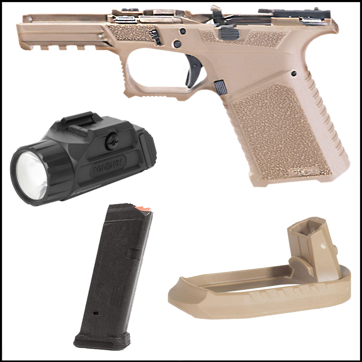 Light The Way Combo: SCT Manufacturing Full Frame Assembly - FDE  + SCT Manufacturing Magwell for SCT19 Frame + Magpul PMAG 15 GL9, G19 Compatible, 15 Round Capacity, Black  + Holosun H-SUN P.ID Light 1000 Lumens
