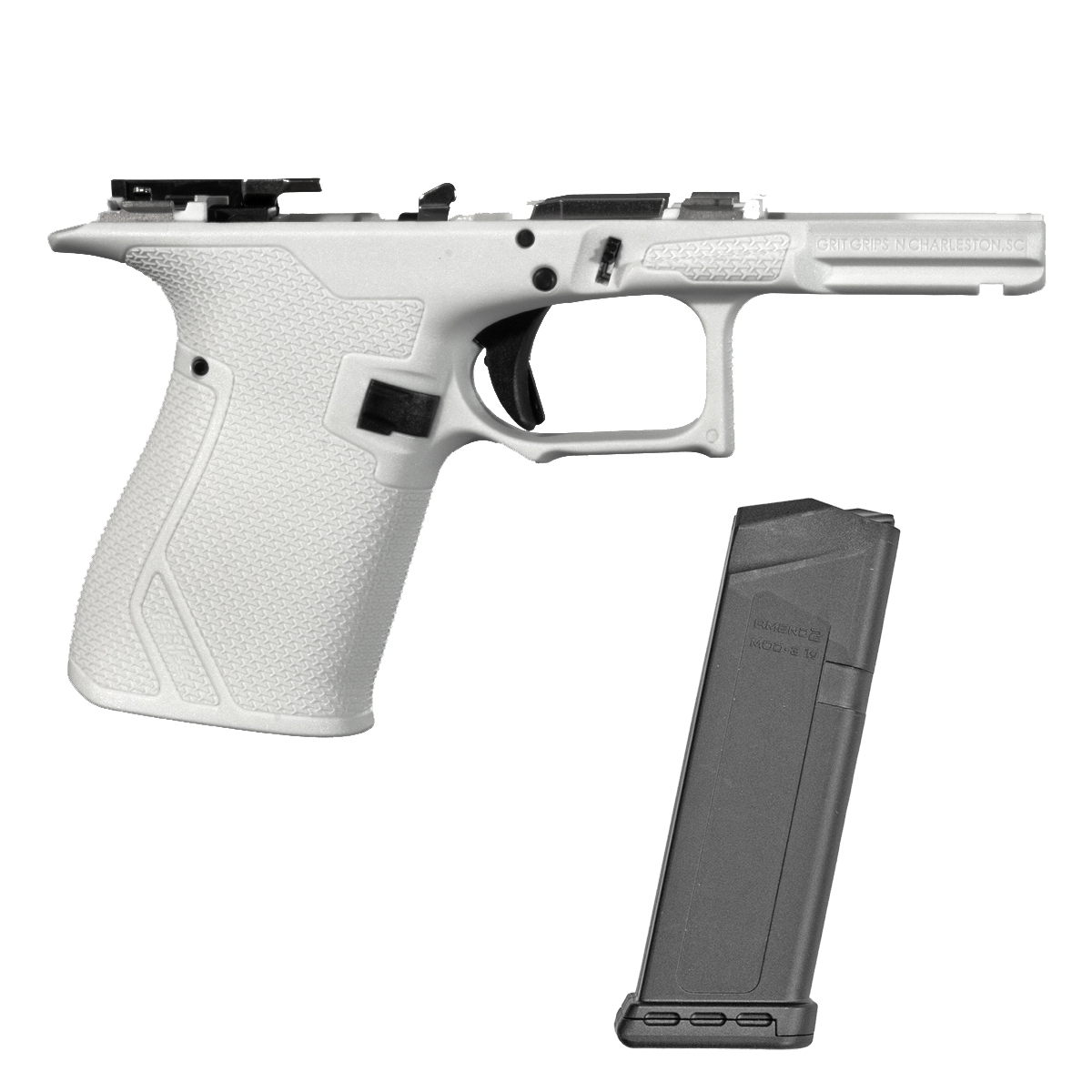 Grit Grips G19 Gen 3 White Assembled Serialized Frame with an Amend2 Mod-3 15-Round Magazine