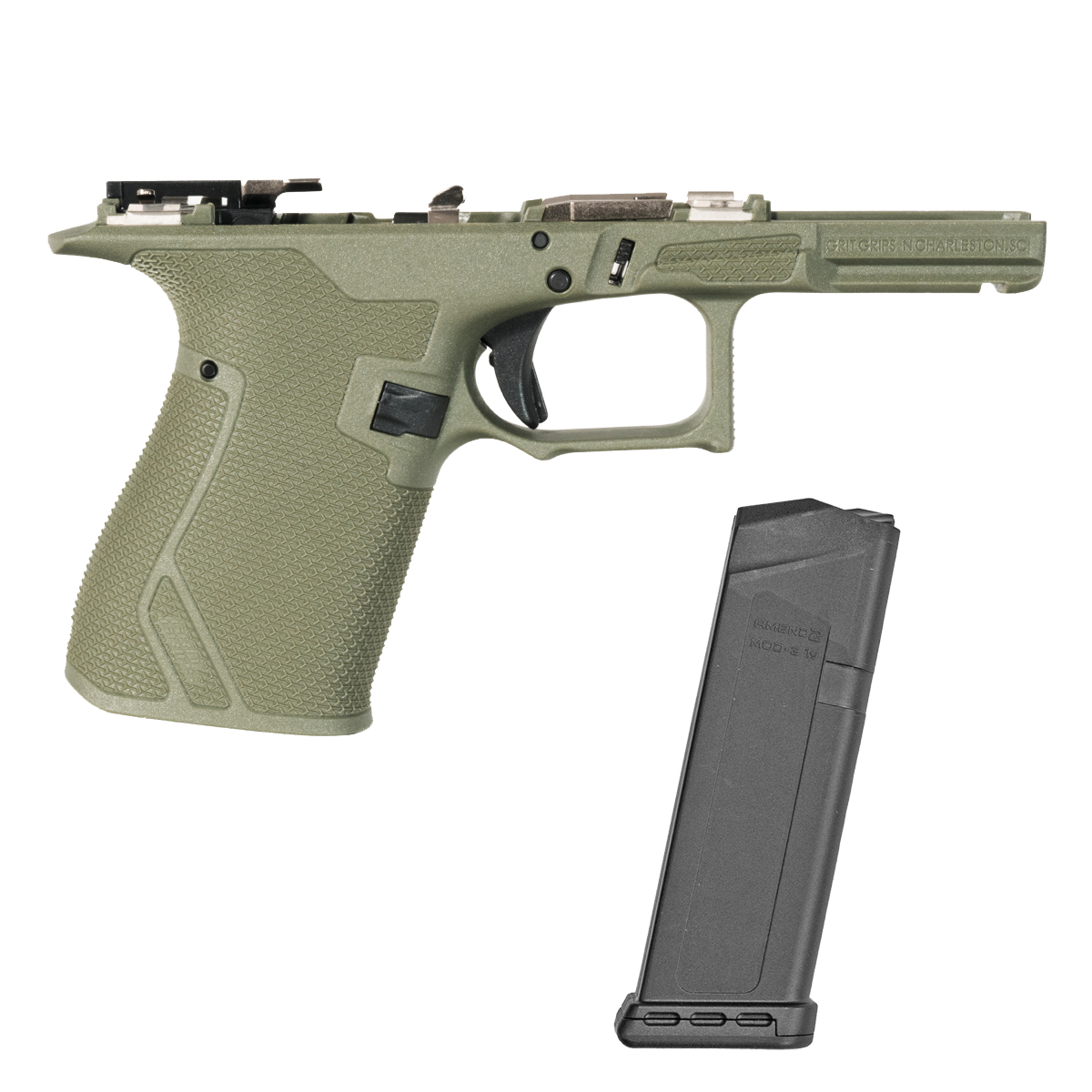 Grit Grips G19 Gen 3 OD Green Assembled Serialized Frame with an Amend2 Mod-3 15-Round Magazine