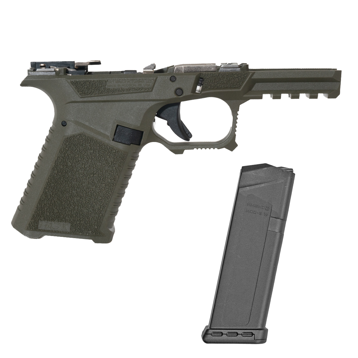 SCT Manufacturing G19 Gen 3 OD Green Compact Frame Assembly with an Amend2 Mod-3 15-Round Magazine