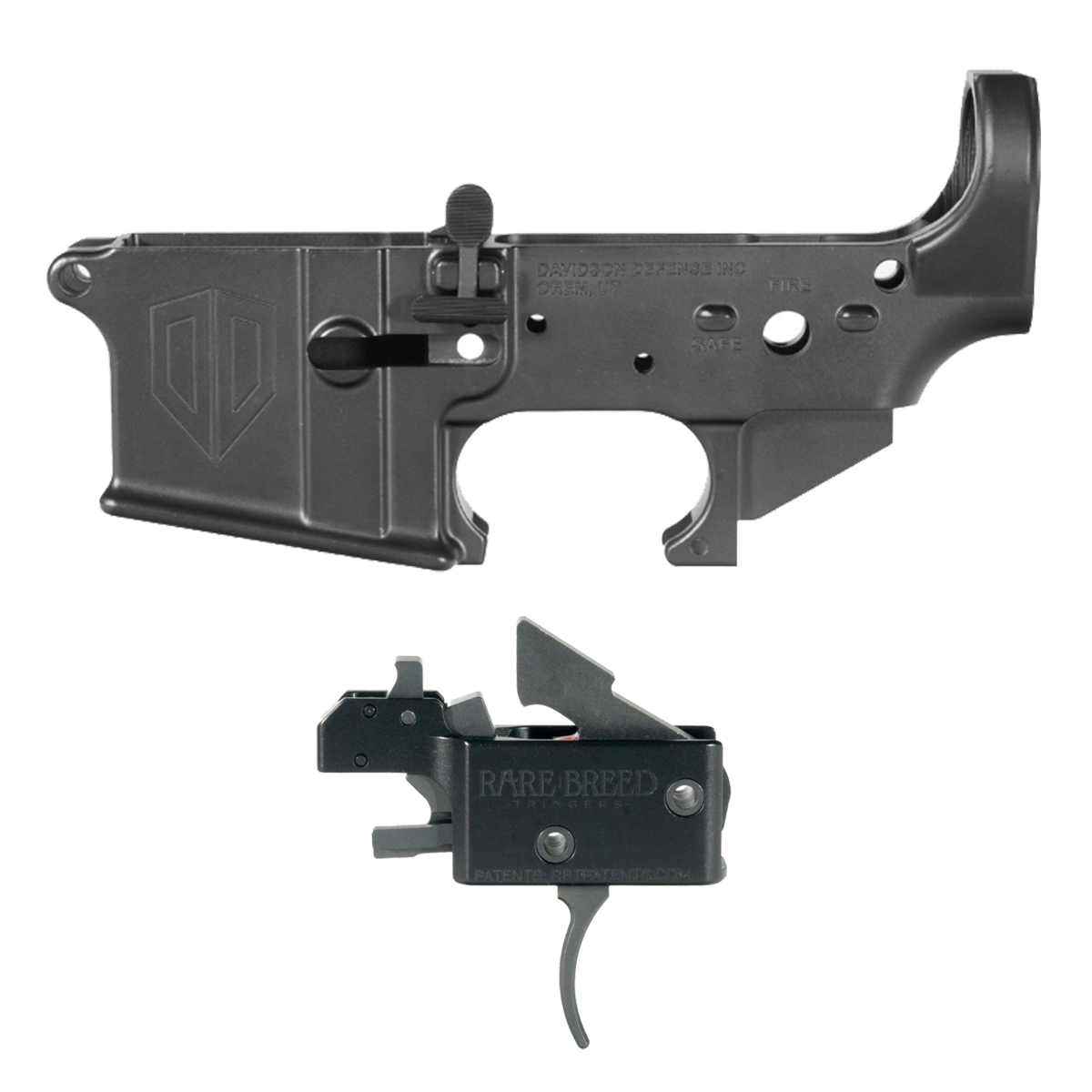 Davidson Defense Engraved AR-15 Ambidextrous Lower Receiver, Ambi Bolt Catch & Rare Breed FRT-15L3 Trigger Bundle