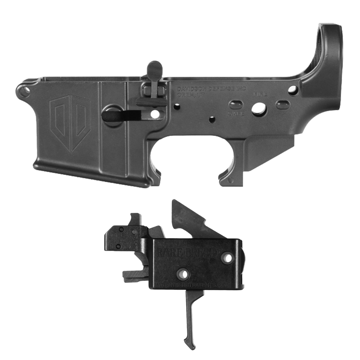 Davidson Defense Engraved AR-15 Ambidextrous Lower Receiver, Ambi Bolt Catch & Rare Breed FRT-15L3 Flat Straight Trigger Shoe Bundle