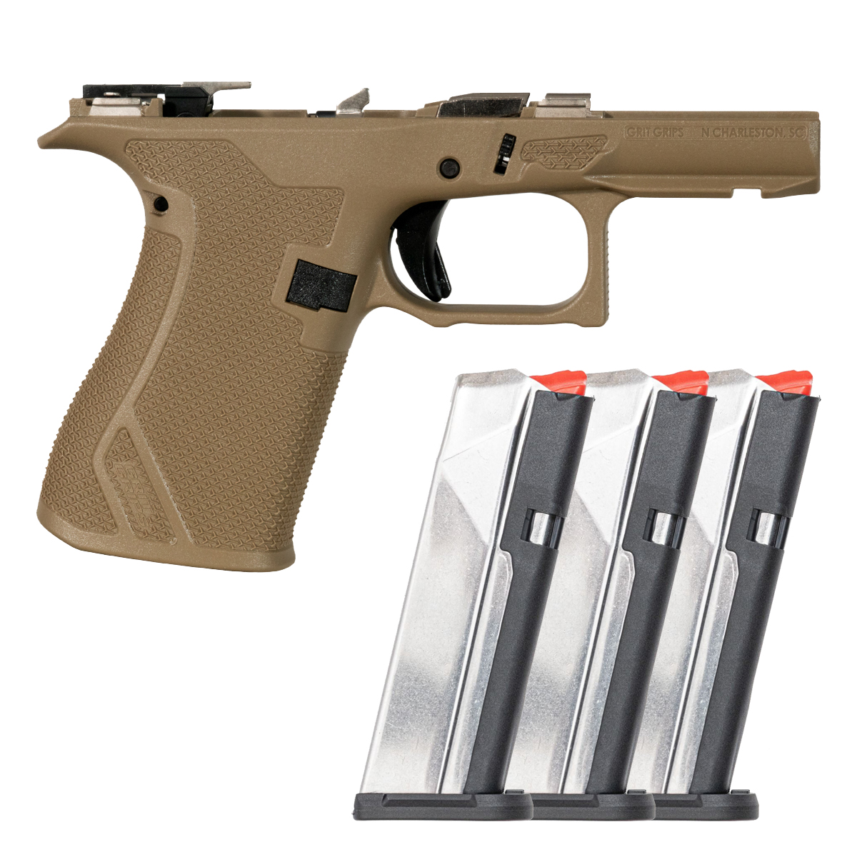 Grit Grips G43X/G48 Assembled Serialized Frame, FDE, 18° Grip, 5 lb. Connector, Enhanced Slide Stop, Locking Block, G43X/G48 Mag Catch & 3 PSA Dagger Micro 15-Round Magazines