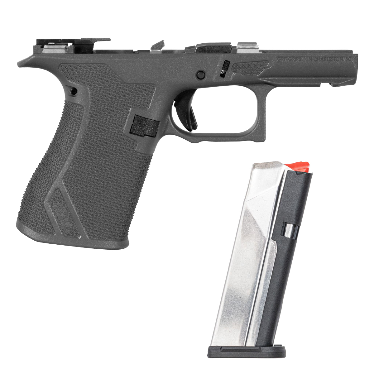 Grit Grips G43X/G48 Assembled Serialized Frame Bundle, Gray, 18° Grip, 5 lb. Connector, Enhanced Slide Stop, Locking Block, G43X/G48 Mag Catch & PSA Dagger Micro 15-Round Magazine