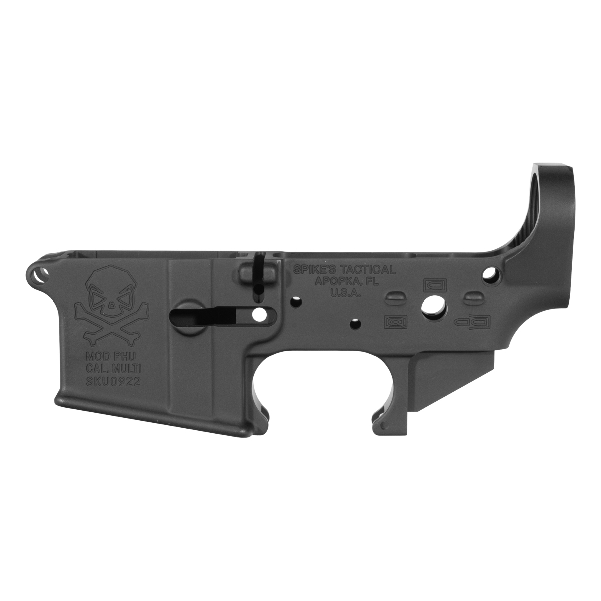 Spike's Tactical PHU Skull Multi-Caliber Stripped AR-15 Lower Receiver, 7075-T6 Forged, Type III Hardcoat Anodized Black