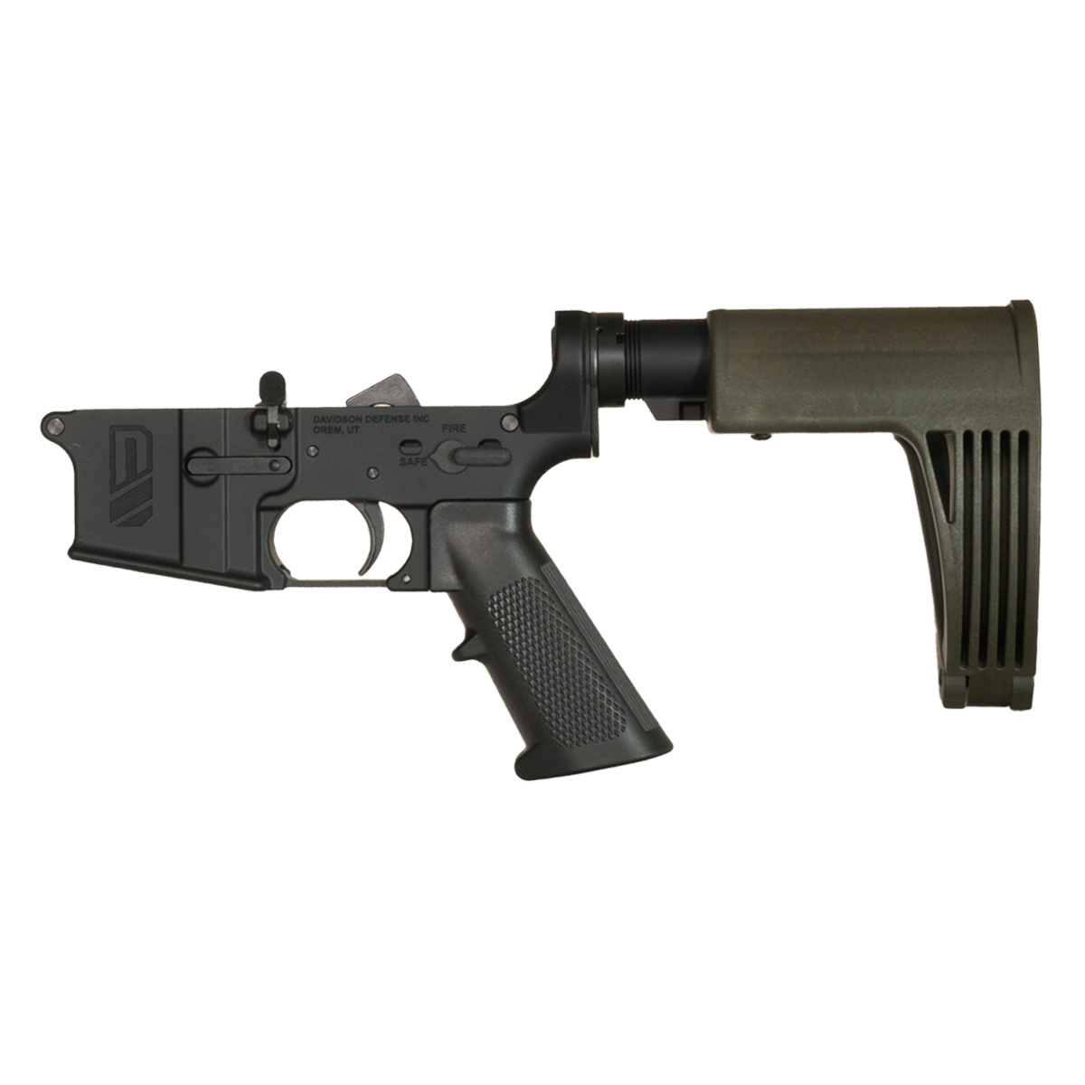 Davidson Defense AR-15 Pistol Lower Build Kit, KAK Mini Buffer 2.5 oz, OD Green GHW Tailhook MOD2C Brace