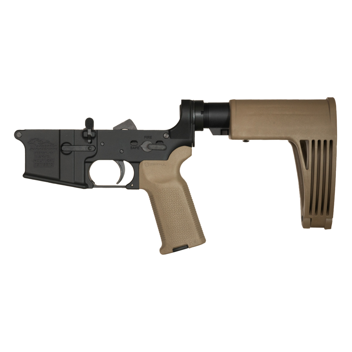 DTT AR-15 Pistol Lower Build Kit, KAK Mini Buffer 2.5 oz, FDE GHW Tailhook MOD2C Brace, Magpul FDE MOE K2 Grip