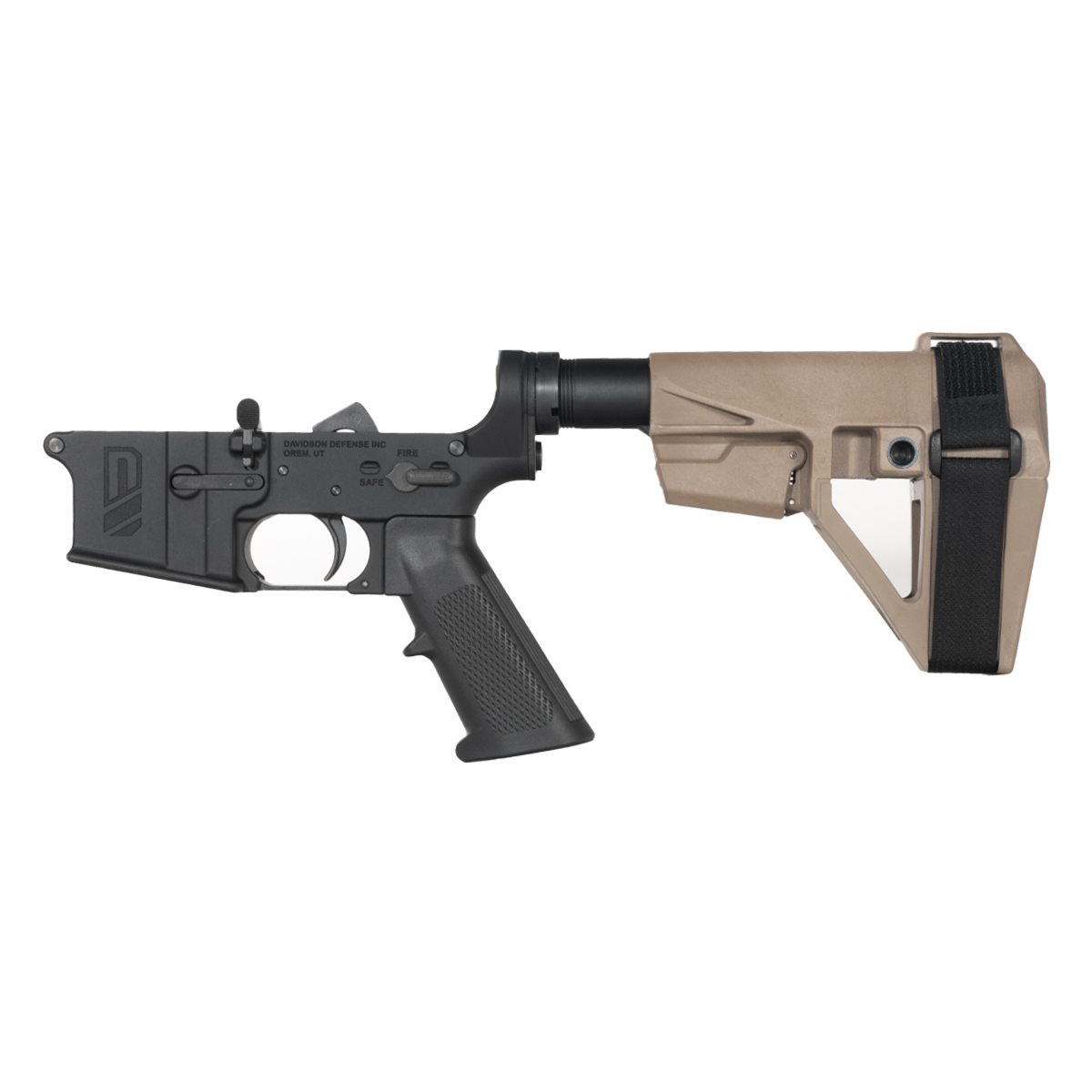 Davidson Defense AR-15 Pistol Lower Build Kit, FDE SBA5 Pistol Stabilizing Brace