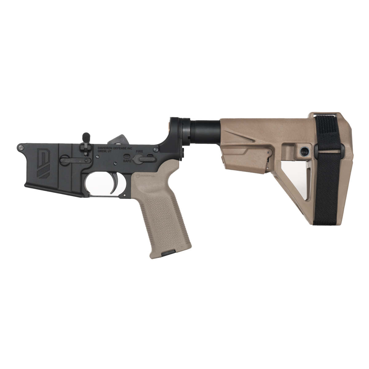 Davidson Defense AR-15 Pistol Lower Build Kit, FDE SBA5 Pistol Stabilizing Brace, Magpul FDE MOE K-2 Grip