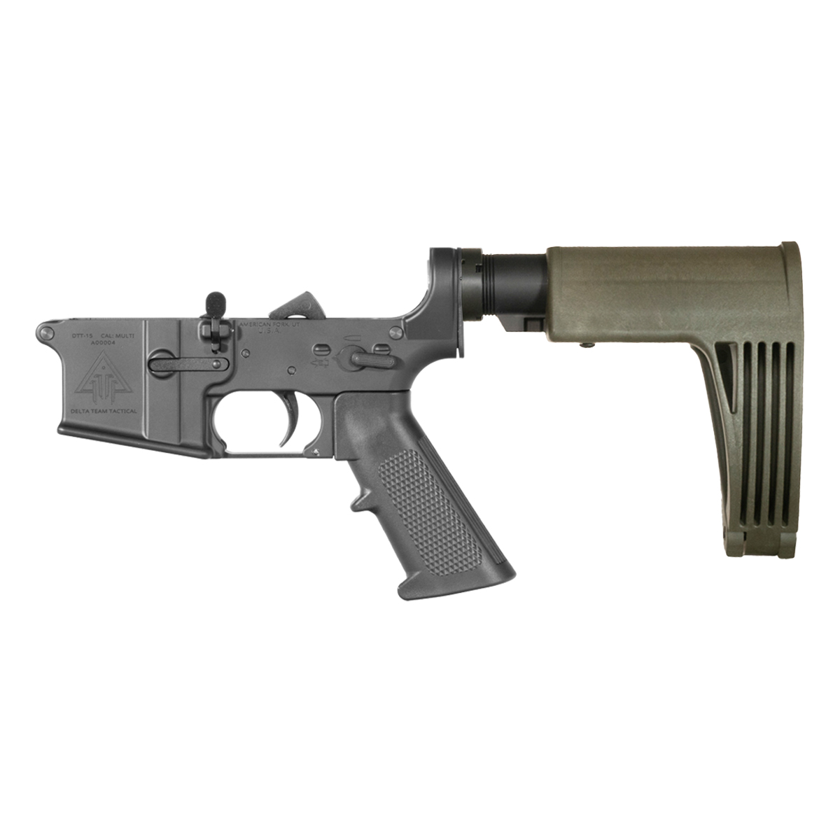  DTT AR-15 Pistol Lower Build Kit, KAK Mini Buffer 2.5 oz, OD Green GHW Tailhook MOD2C Brace