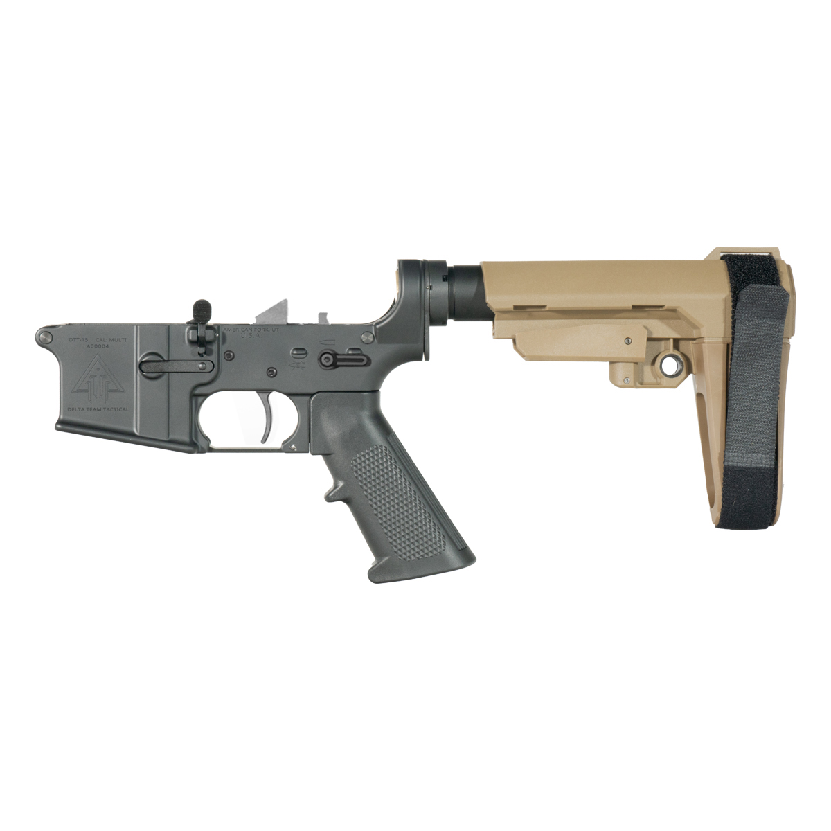  DTT AR-15 Pistol Lower Build Kit, Rare Breed FRT-15L3, SBA3 FDE Adjustable Pistol Stabilizing Brace