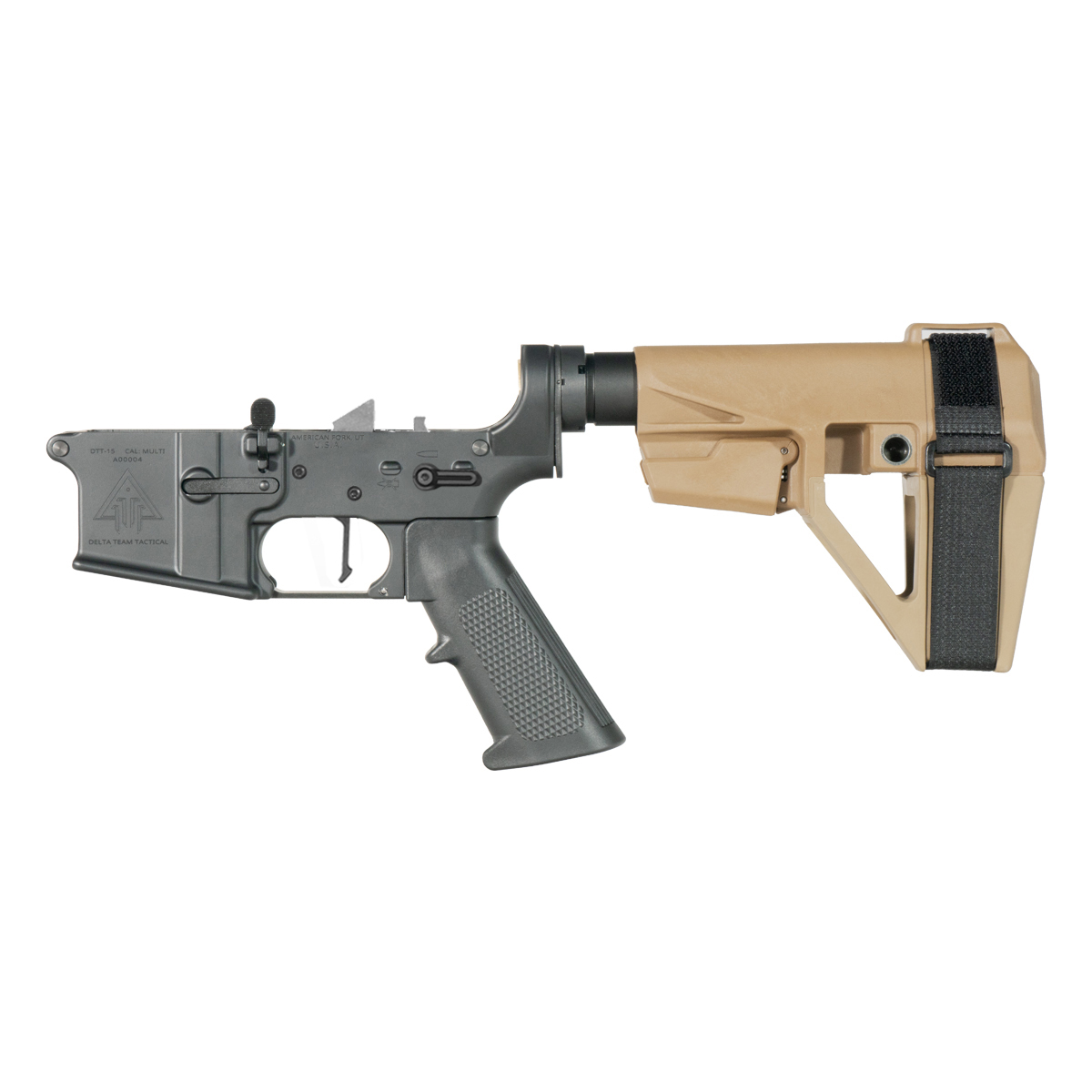  DTT AR-15 Pistol Lower Build Kit, Rare Breed FRT-15L3 Flat Trigger, SBA5 FDE Adjustable Pistol Stabilizing Brace