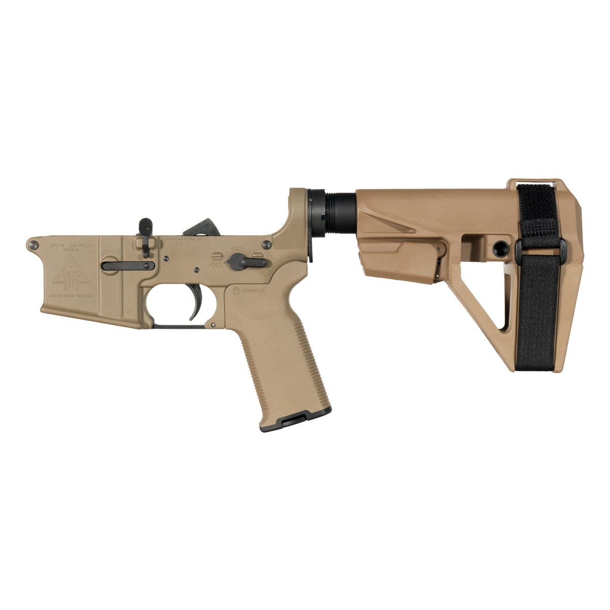 DTT FDE AR-15 Pistol Lower Build Kit, Magpul FDE MOE K2+ Pistol Grip, SBA5 FDE Adjustable Pistol Stabilizing Brace