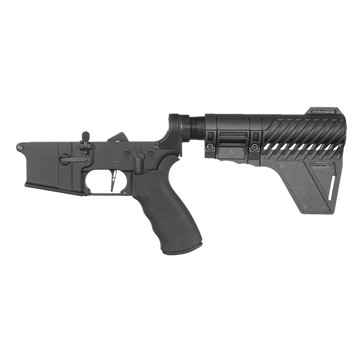 NO-LOGO AR-15 Pistol Lower Build Kit, Skeletonized Straight Trigger Shoe, Rubberized Beavertail Grip, Gauntlet Arms Polymer Stabilizing Brace