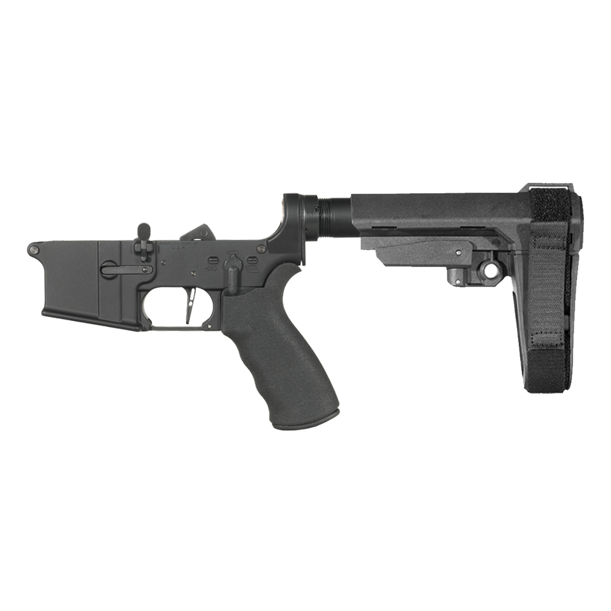 NO-LOGO AR-15 Pistol Lower Build Kit, Skeletonized Straight Trigger Shoe, Rubberized Beavertail Grip, SBA3 Adjustable Stabilizing Brace