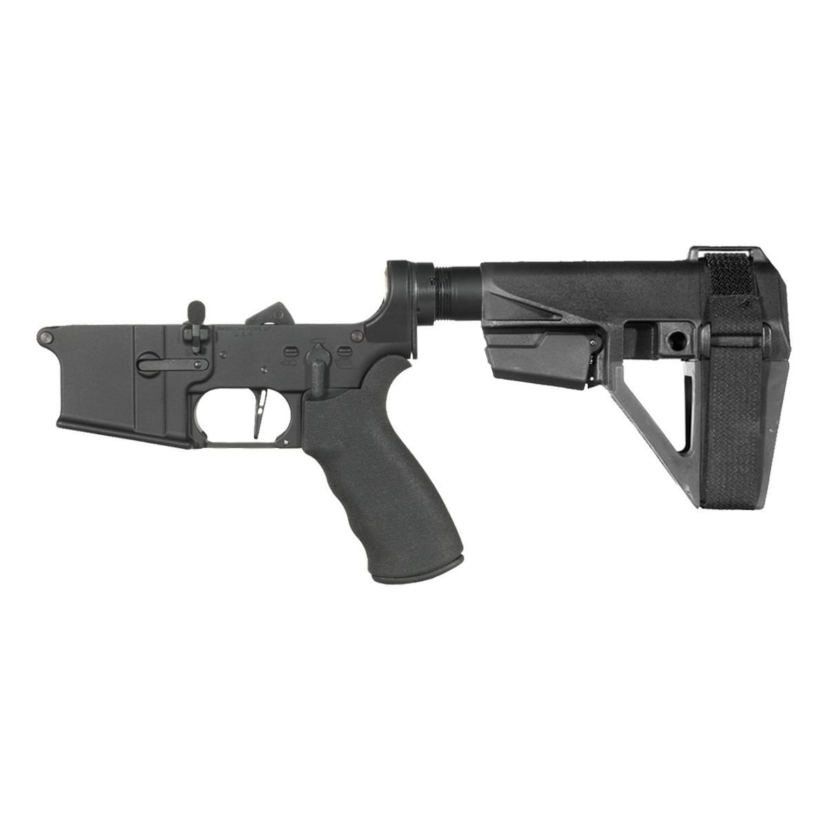 NO-LOGO AR-15 Pistol Lower Build Kit, Skeletonized Straight Trigger Shoe, Rubberized Beavertail Grip, SBA5 Stabilizing Brace