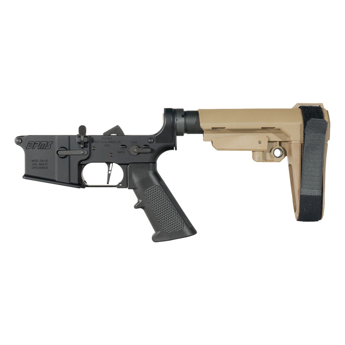 DPMS AR-15 Pistol Lower Build Kit, Straight Trigger Shoe, FDE SBA3 Adjustable Stabilizing Brace
