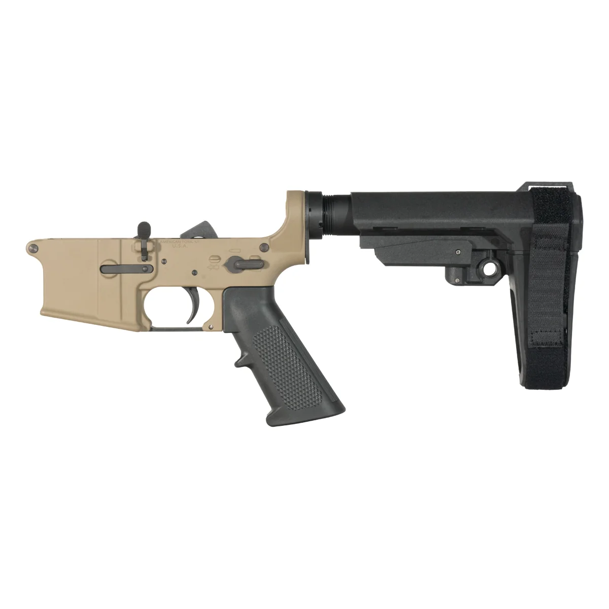 FDE Covert NO-LOGO DELTA-M4 AR-15 Pistol Lower Build Kit, SBA3 Adjustable Stabilizing Brace