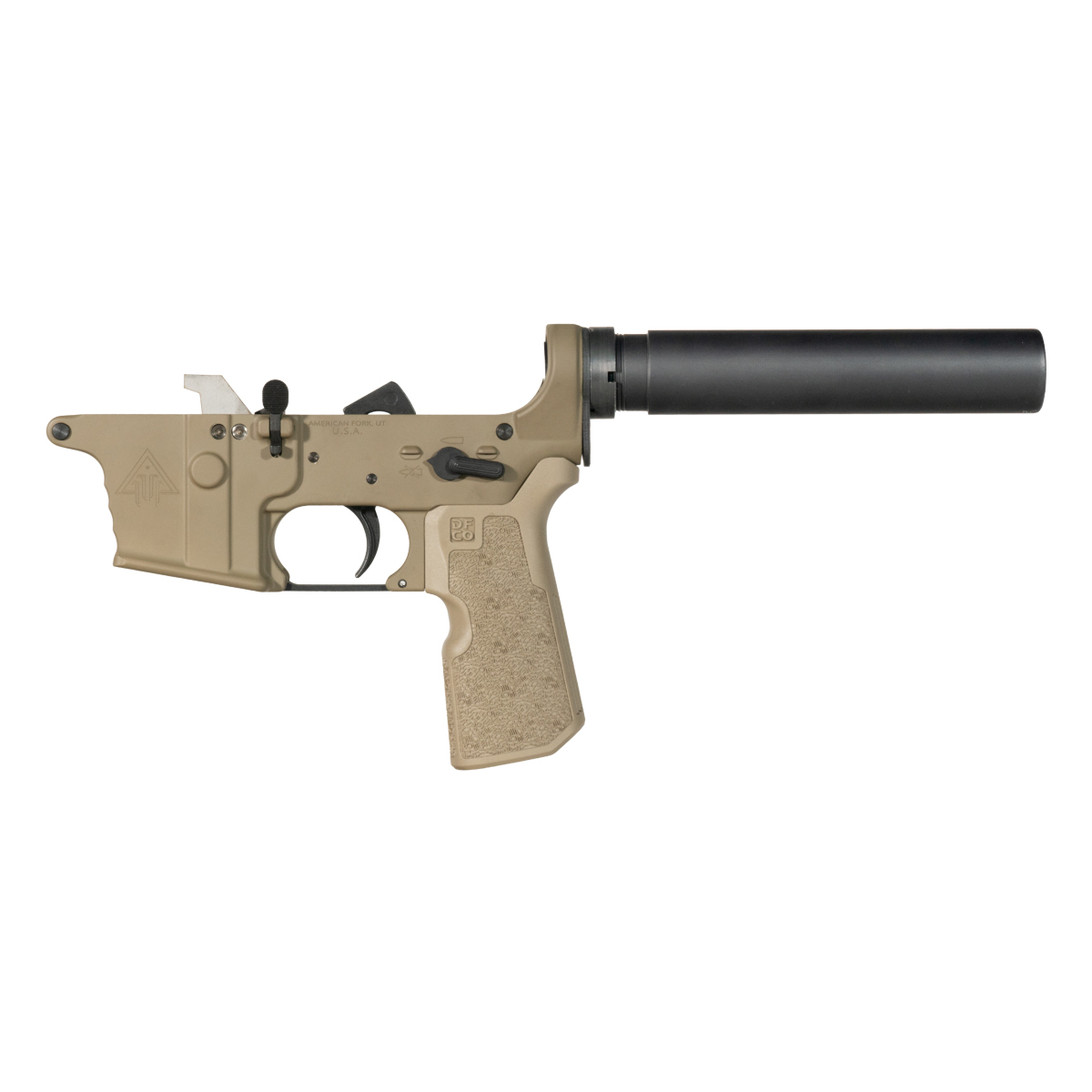 DTT FDE AR-9 Pistol Lower Build Kit, DFCO FDE Grip, Heavy Duty Pistol Buffer Tube