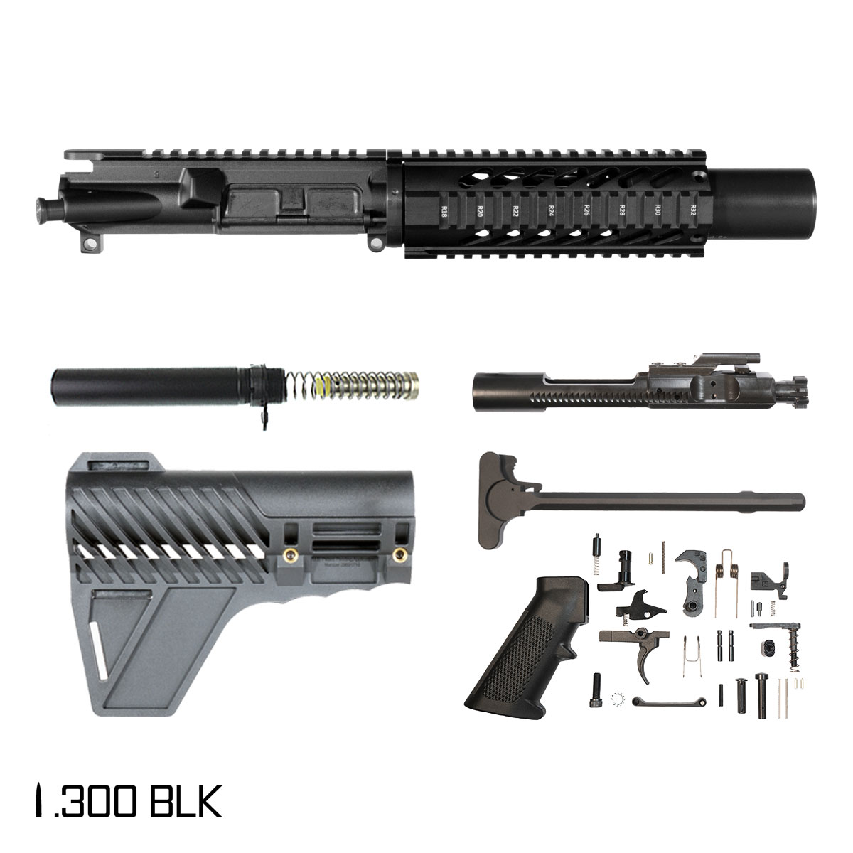 Davidson Defense Orpheus w/Gauntlet Arms Brace 6-inch Pistol-Gas 1:7 300 BLK AR-15 Freefloat Quad-Rail Handguard Pistol Full Build Kit, Witt Machine .30 cal Compact Suppressor