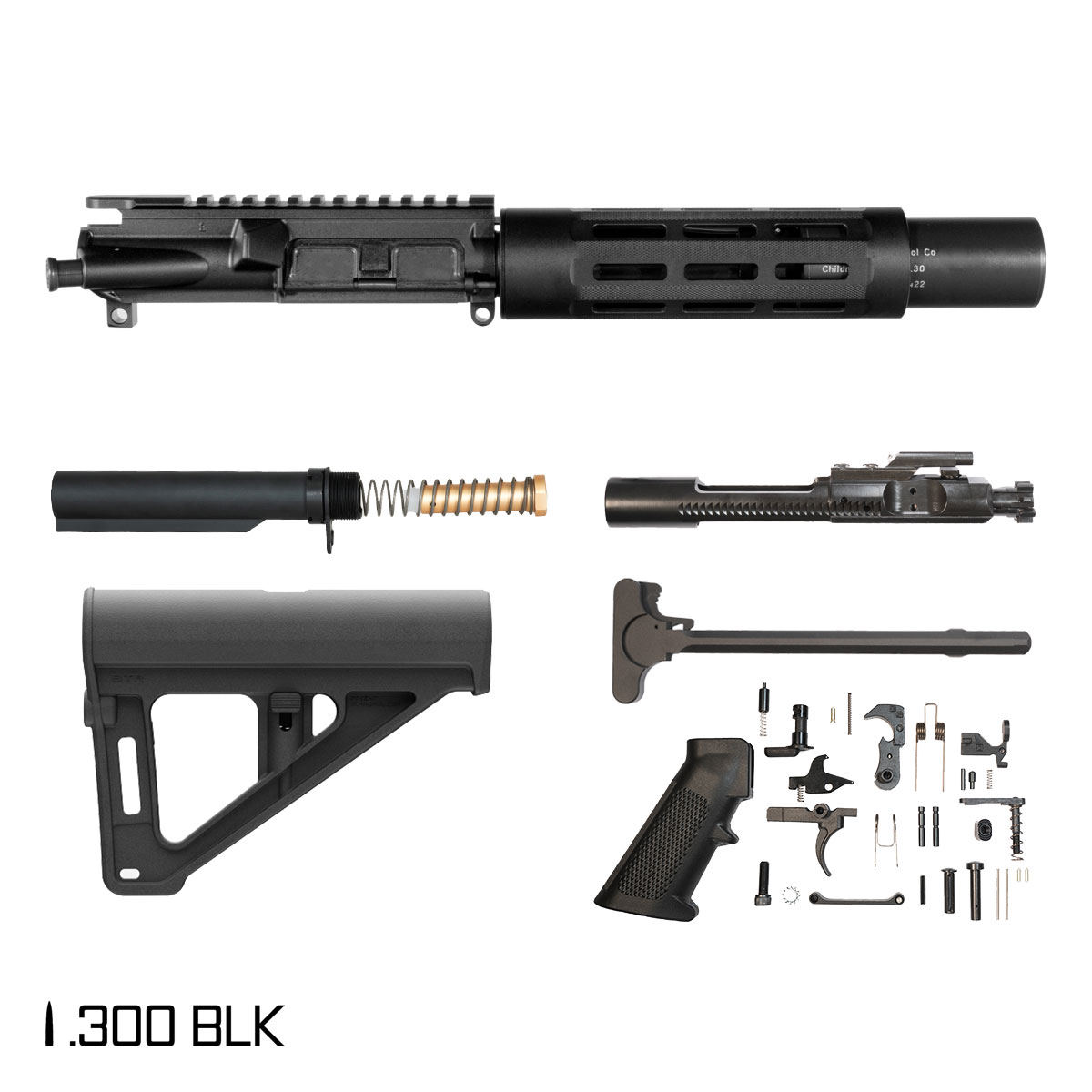 Davidson Defense Tyndareus w/BTR Brace 6-inch Pistol-Gas 1:7 300 BLK AR-15 Freefloat Tubular M-Lok Handguard Pistol Full Build Kit, Witt Machine .30 cal Compact Suppressor