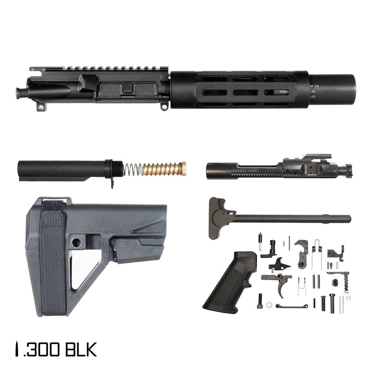 Tyndareus w/SBA5 Brace 6-inch Pistol-Gas 1:7 300 BLK AR-15 Freefloat Tubular M-Lok Handguard Pistol Full Build Kit, Witt Machine .30 cal Compact Suppressor