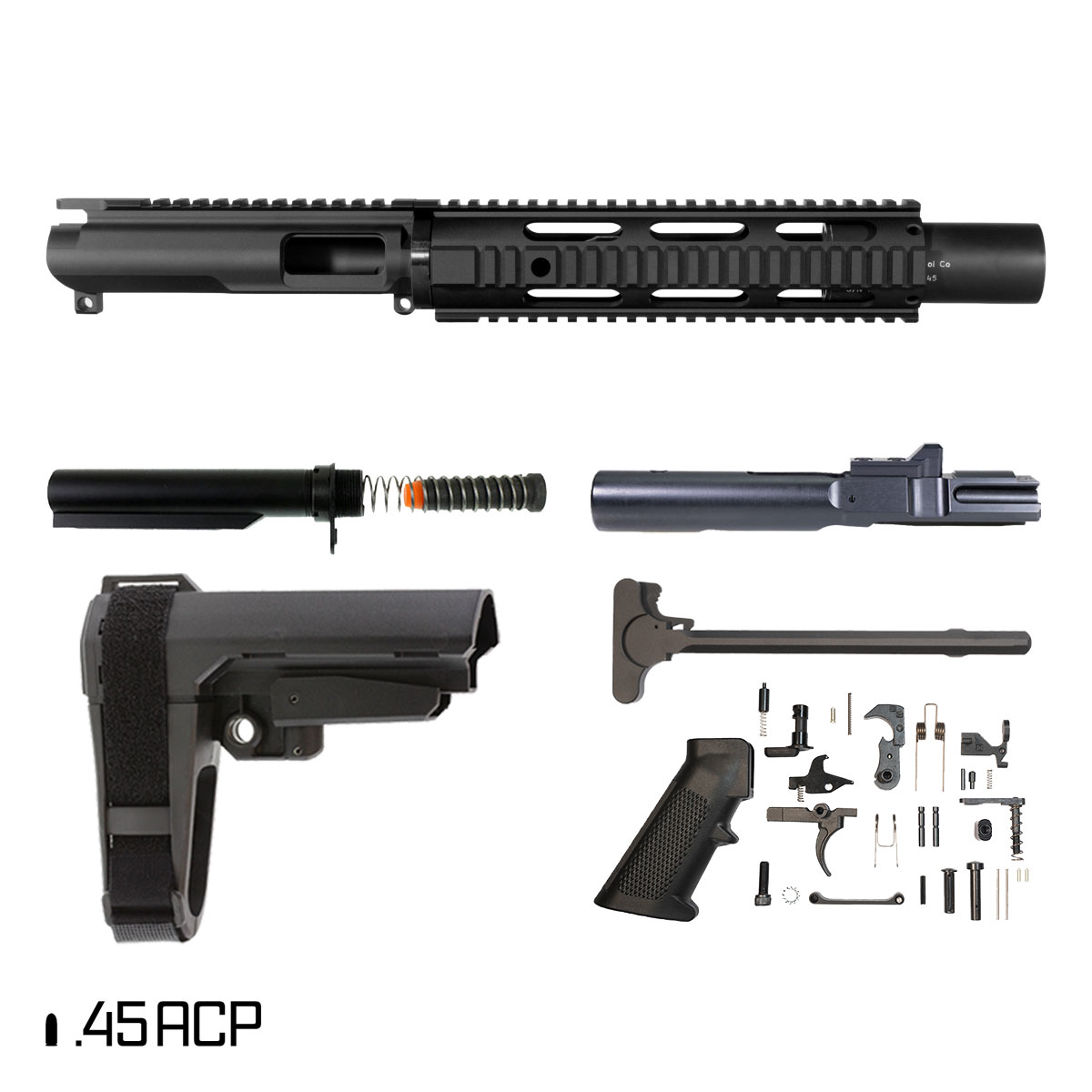 Davidson Defense 45ACP AR-45 Quad-Rail Pistol Full Build Kit w/ SBA3 Brace + Witt Machine Freakin45