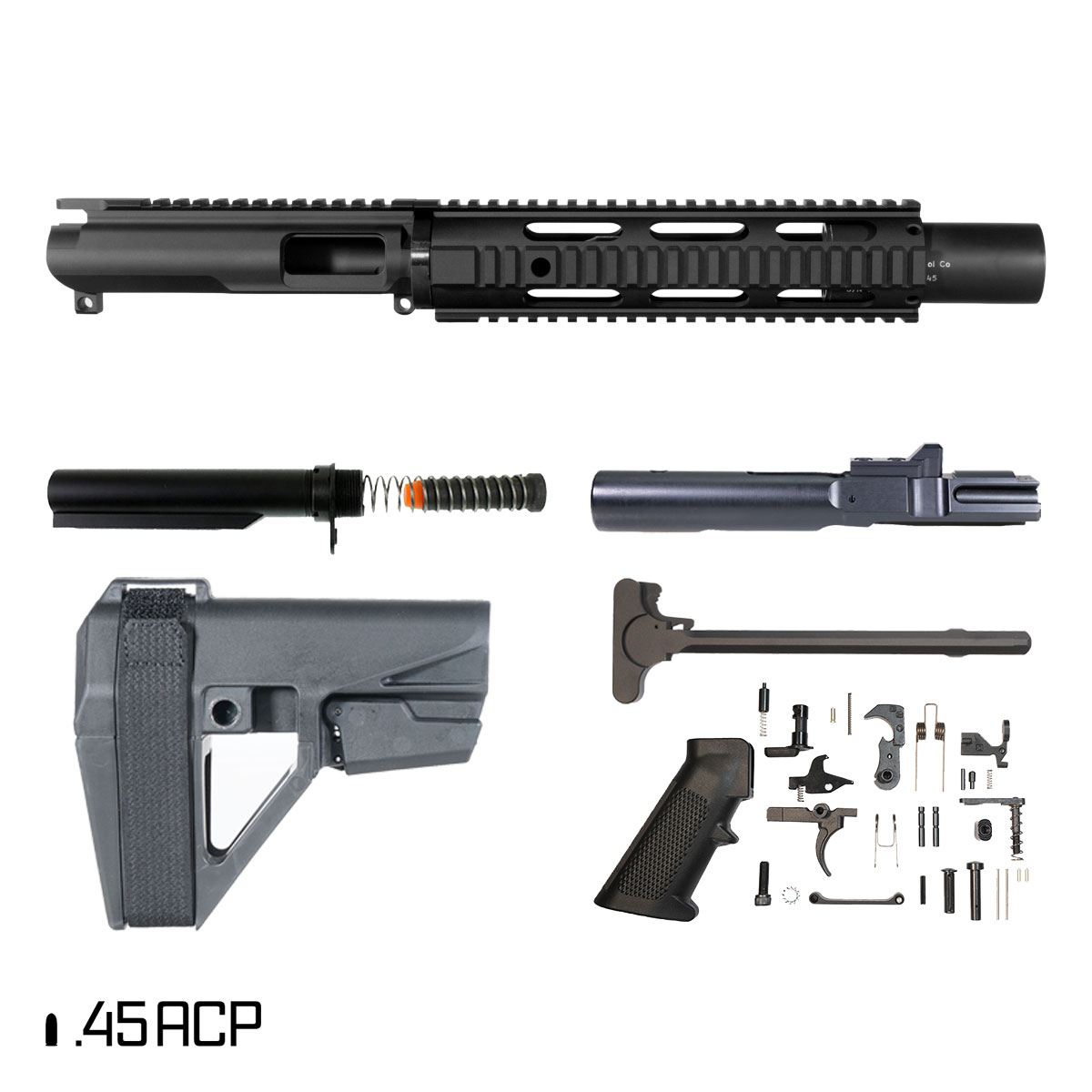 Davidson Defense Deadlock AR-45 Pistol Build Kit, 7.5-Inch 1:16 45ACP, SBA5 Brace, Freakin45 Suppressor