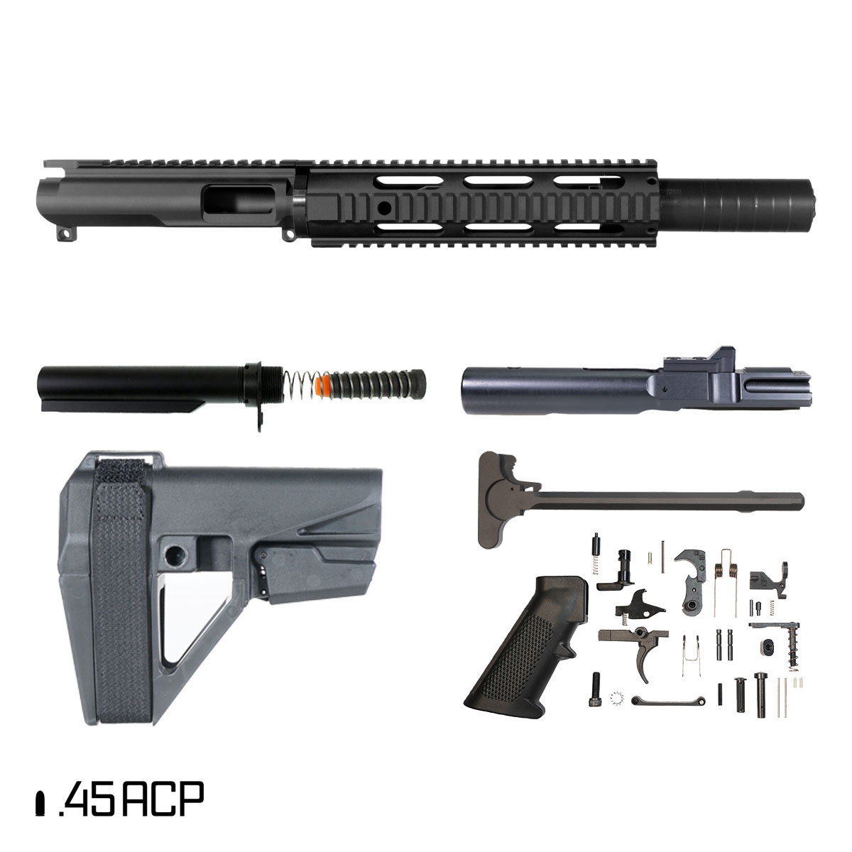 Davidson Defense Deadlock w/SBA5 Brace 7.5-inch 1:16 45ACP AR-45 Quad-Rail Pistol Full Build Kit, North Reach Whisper Pickle 46K Suppressor