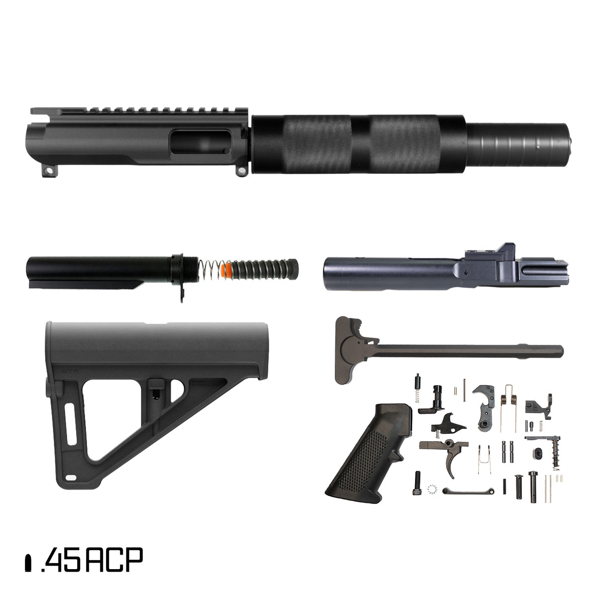 Davidson Defense Anvil w/BTR Brace 5-inch 1:16 45ACP AR-45 Tubular Pistol Full Build Kit, North Reach Whisper Pickle 46K Suppressor