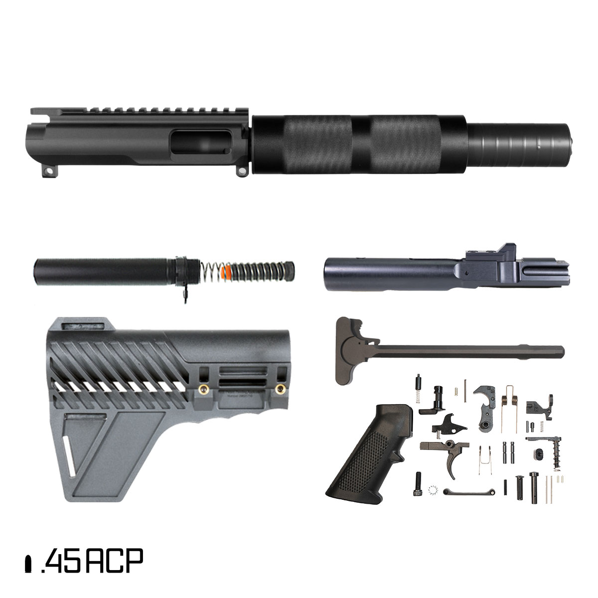 Davidson Defense Anvil w/Gauntlet Arms Brace 5-inch 1:16 45ACP AR-45 Tubular Pistol Full Build Kit, North Reach Whisper Pickle 46K Suppressor