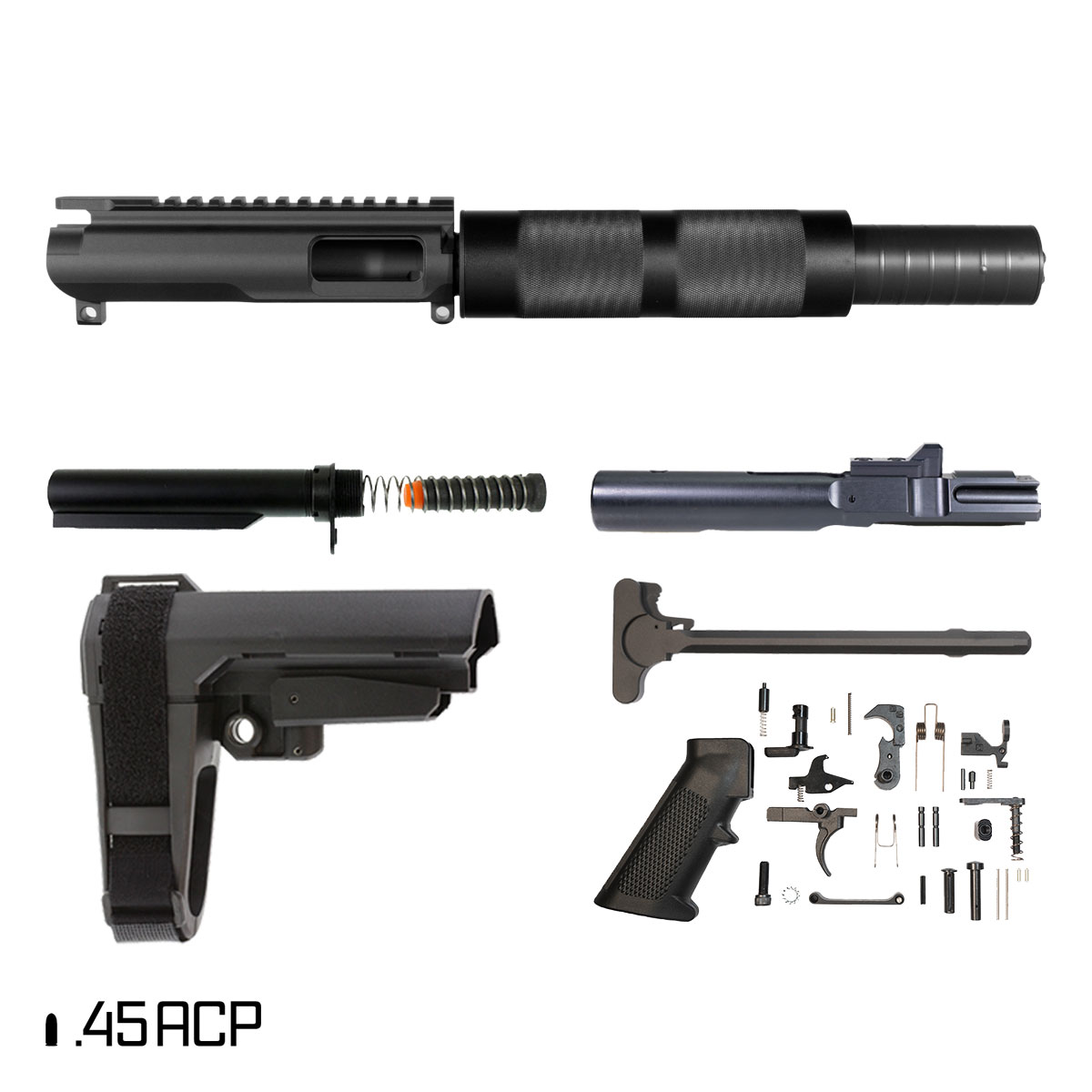 Davidson Defense Anvil w/SBA3 Brace 5-inch 1:16 45ACP AR-45 Tubular Pistol Full Build Kit, North Reach Whisper Pickle 46K Suppressor