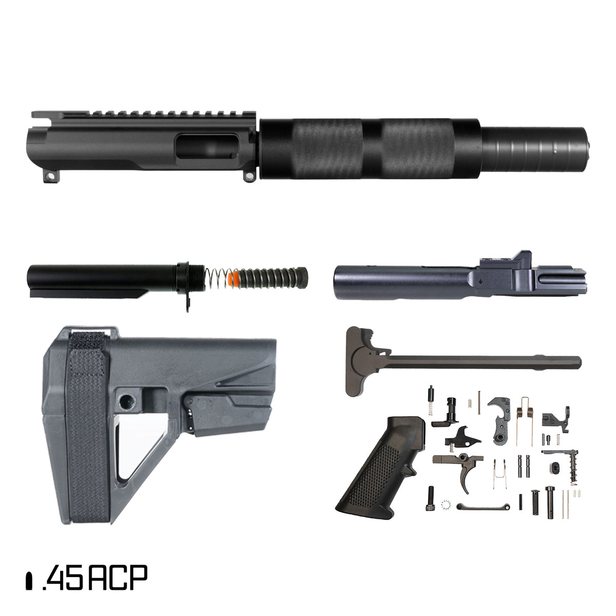 Davidson Defense Anvil w/SBA5 Brace 5-inch 1:16 45ACP AR-45 Tubular Pistol Full Build Kit, North Reach Whisper Pickle 46K Suppressor